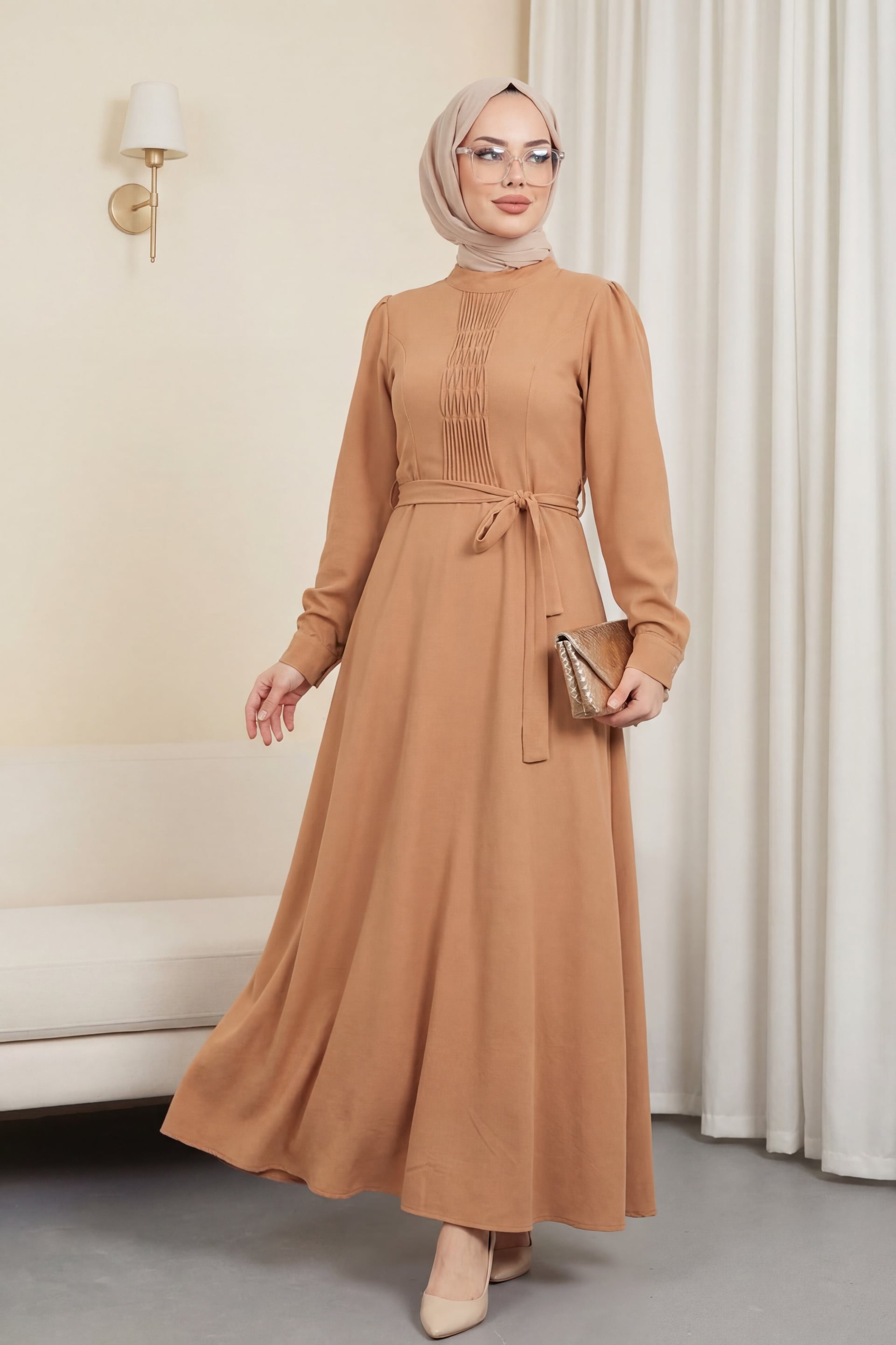 Ayrobin Dress with Chima Detail and Belt - Cinnamon - Podyumplus - by Peralane - photo 3