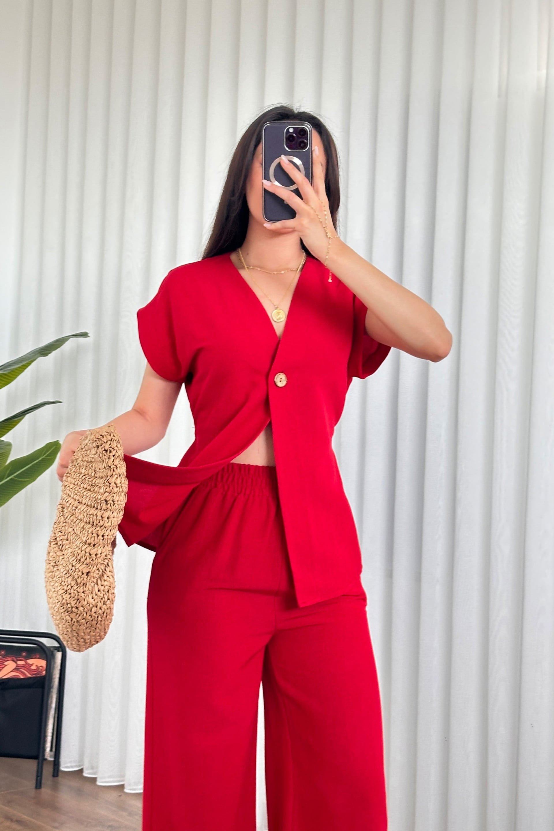 Women's Red Two-Piece Set with Tie Front Blouse and Wide-Leg Trousers - Lustri̇n - by Peralane - photo 2