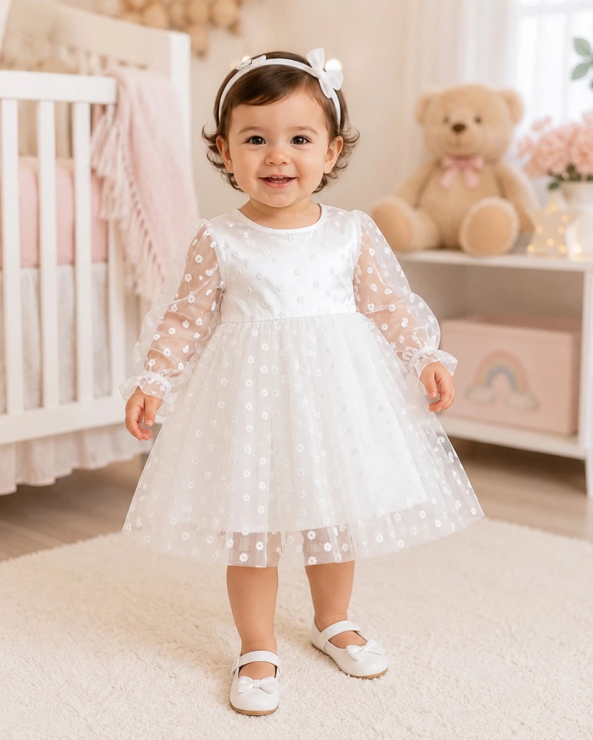 Baby Girls' White Party Dress with Floral Overlay - 1103 - Has Bereket - by Peralane