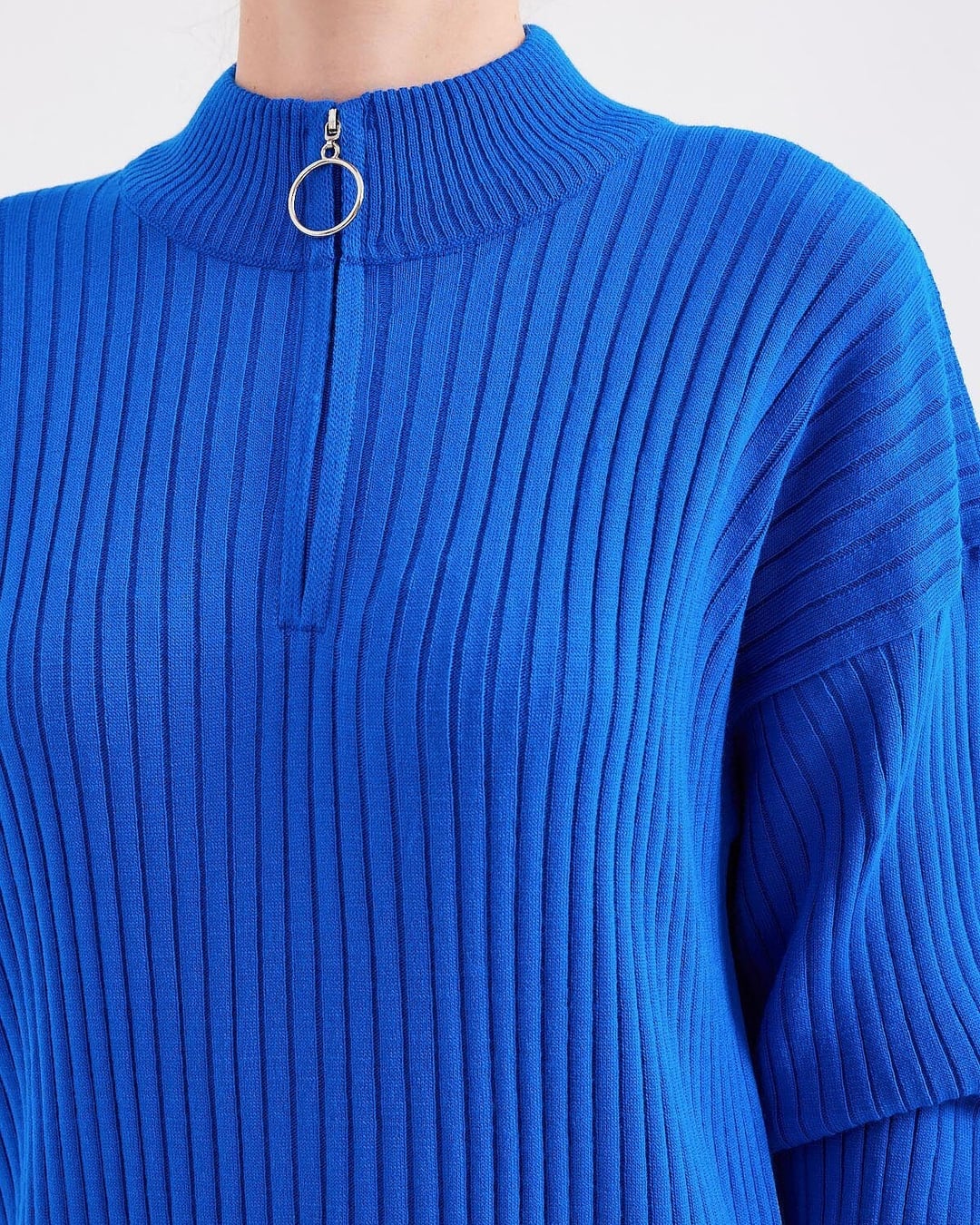 Royal Blue Ribbed Knit Maxi Dress with Half-Zip - Long Sleeve - Bigdart - by Peralane - photo 4