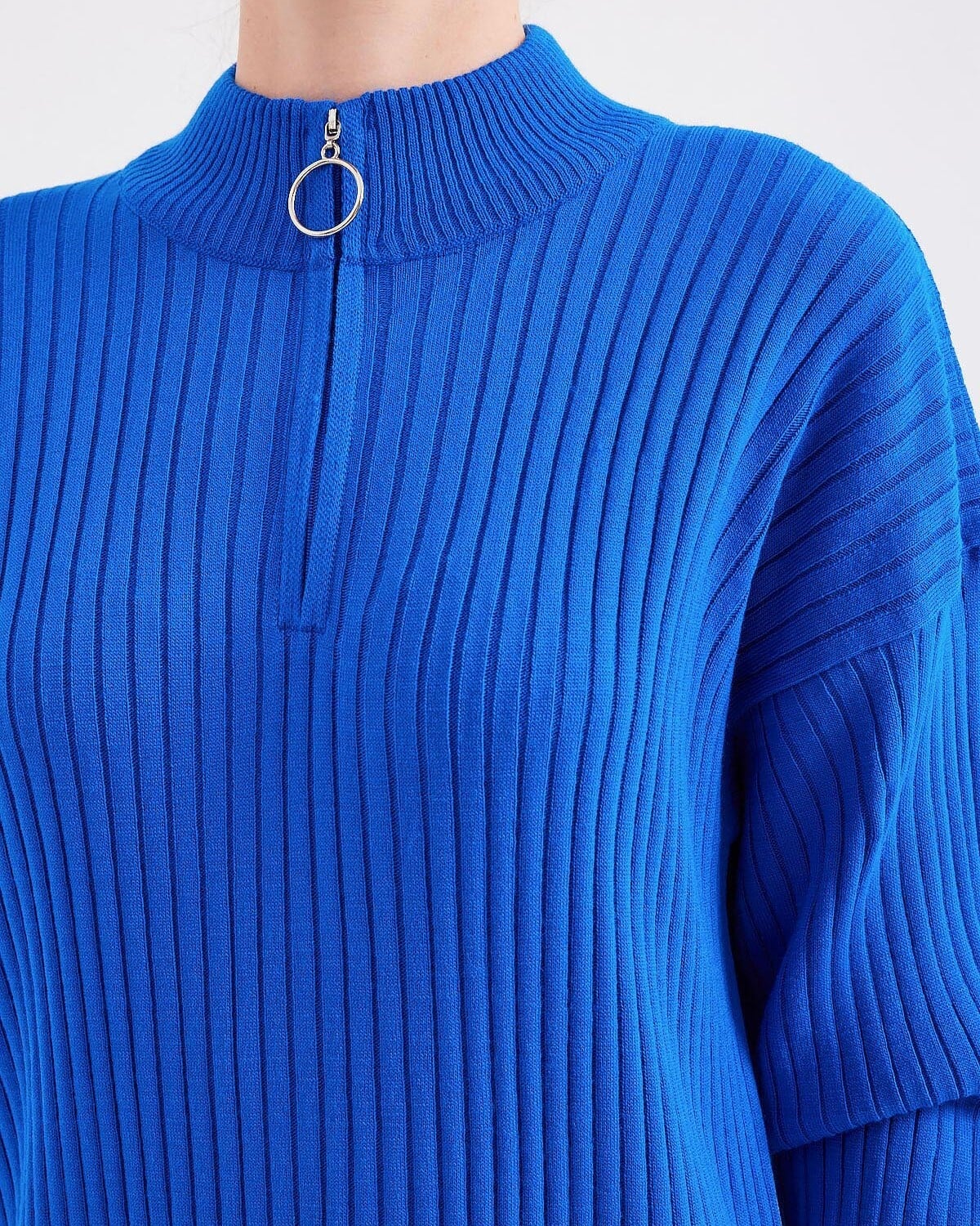 Royal Blue Ribbed Knit Maxi Dress with Half-Zip - Long Sleeve - Bigdart - by Peralane - photo 4