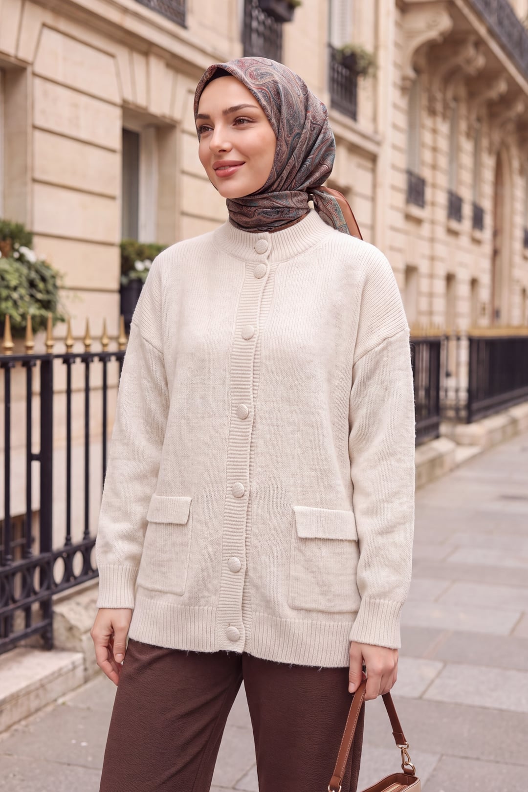 Cream Crew Neck Button-Front Knit Cardigan with Pockets - Podyumplus - by Peralane