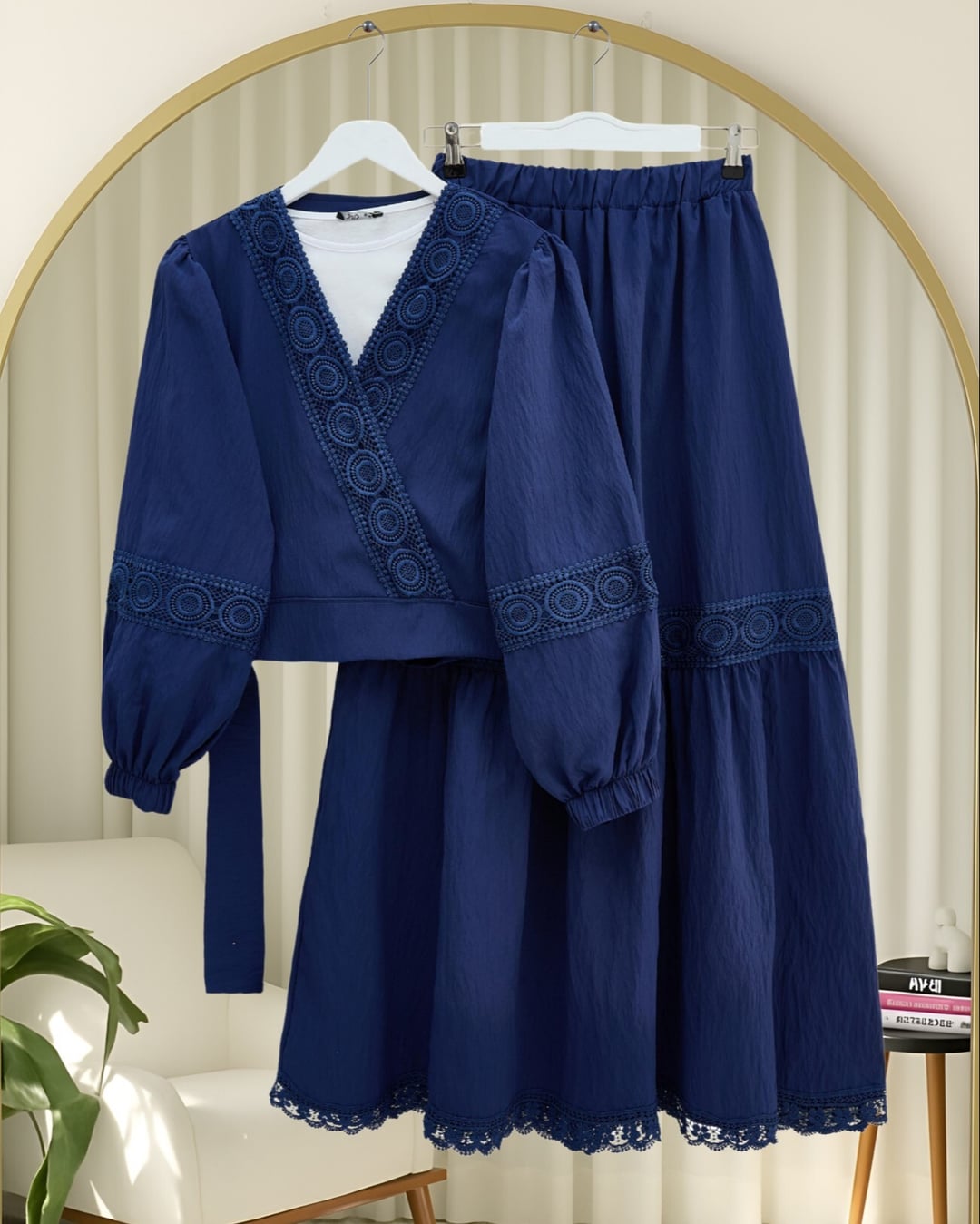 Lace Trim Tie-Front Two-Piece Set with Long Maxi Skirt - Navy Blue - Podyumplus - by Peralane - photo 7