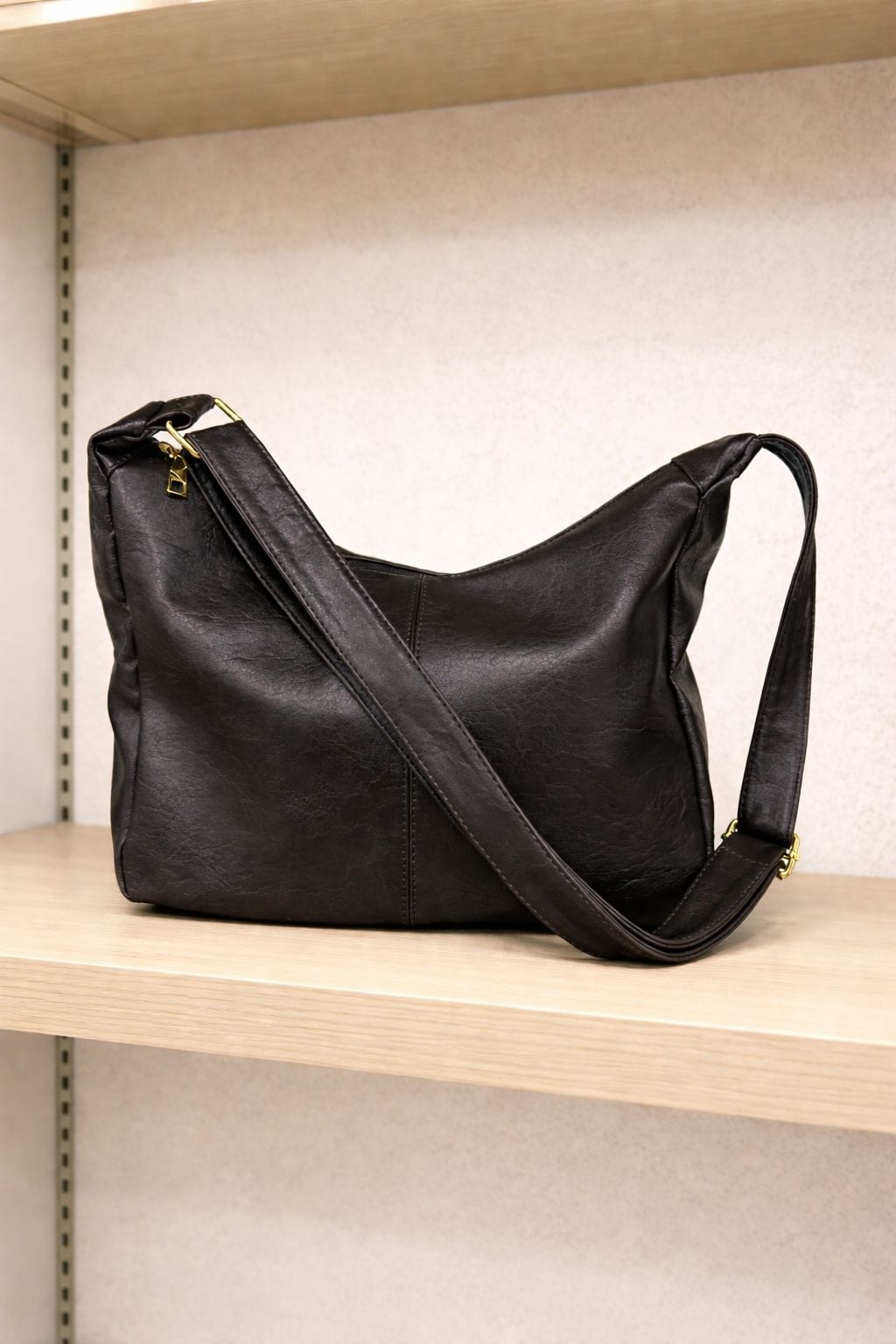 Black Faux Leather Shoulder Bag with Adjustable Strap - Nesvay - by Peralane