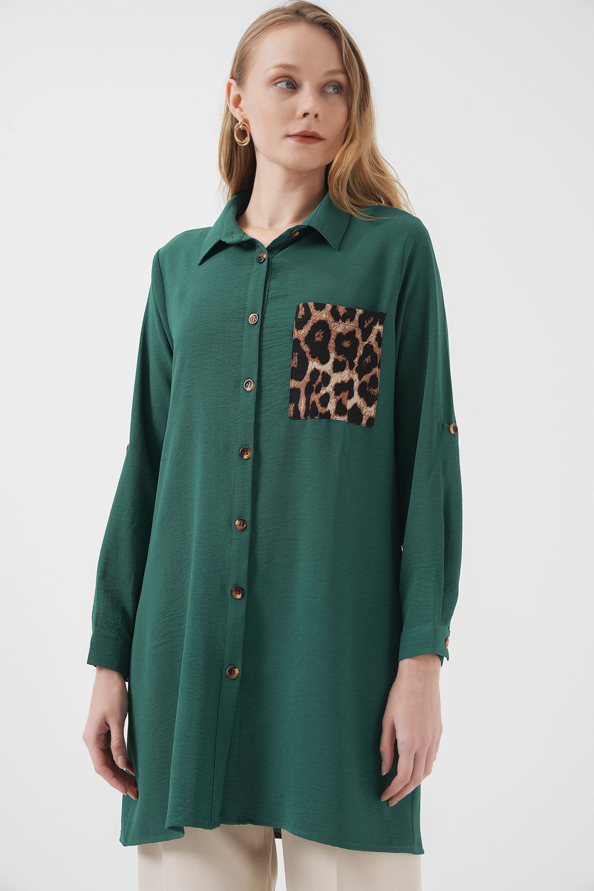 Green Collared Long-Sleeve Pocket Tunic Blouse with Leopard Print Chest Pocket - Bigdart - by Peralane - photo 2
