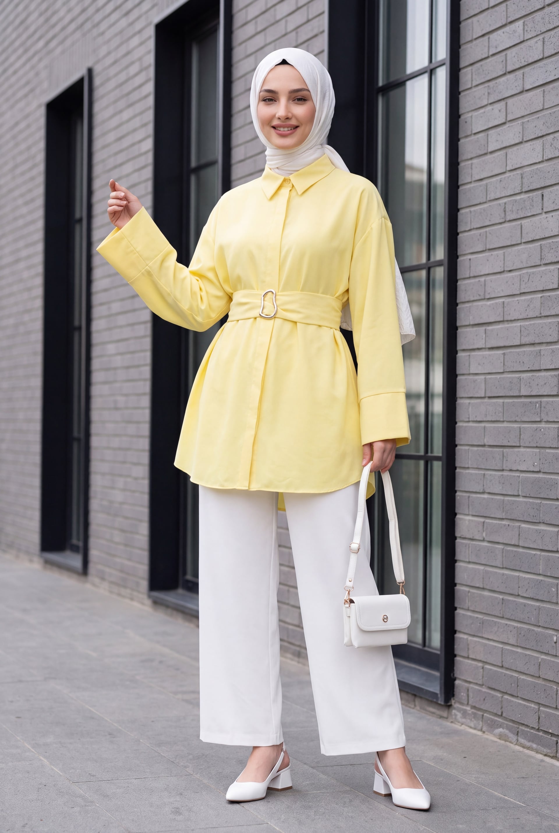 Belted Double Cuff Poplin Tunic with Hidden Button Front - Yellow - Podyumplus - by Peralane - photo 4