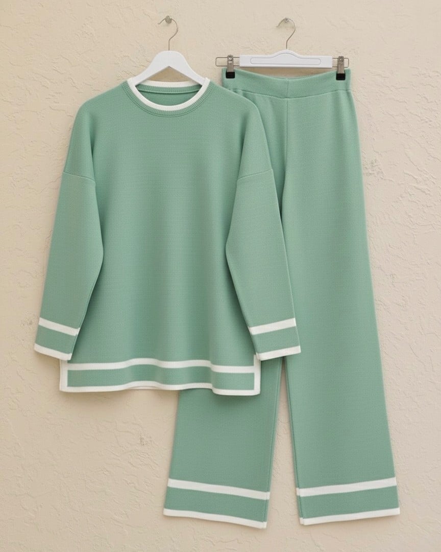 Striped Cuff Two-Piece Knit Lounge Set - Sea Green - Podyumplus - by Peralane - photo 2