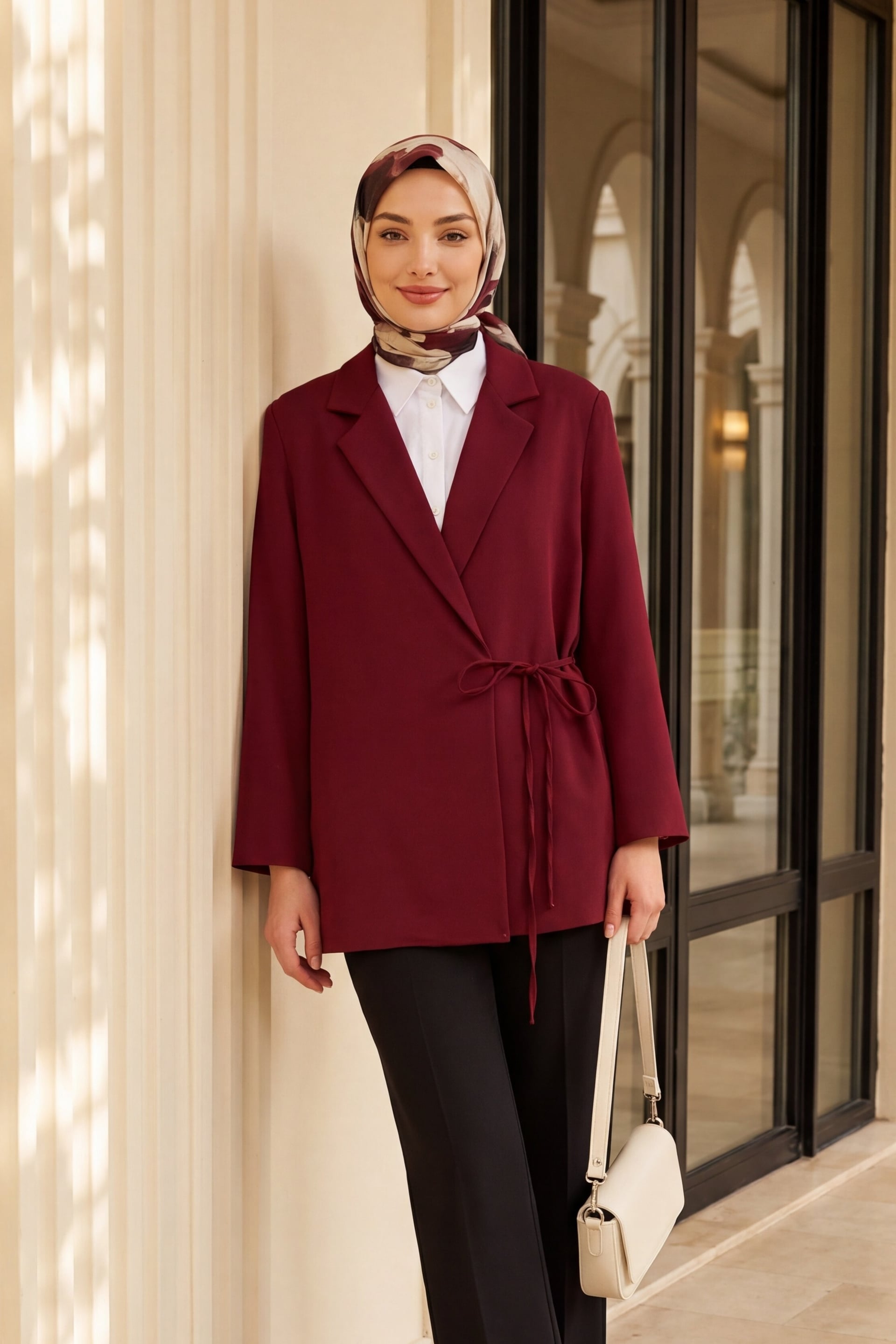 Side Lace-Up Back Slit Lined Double Crepe Blazer - Burgundy - Podyumplus - by Peralane