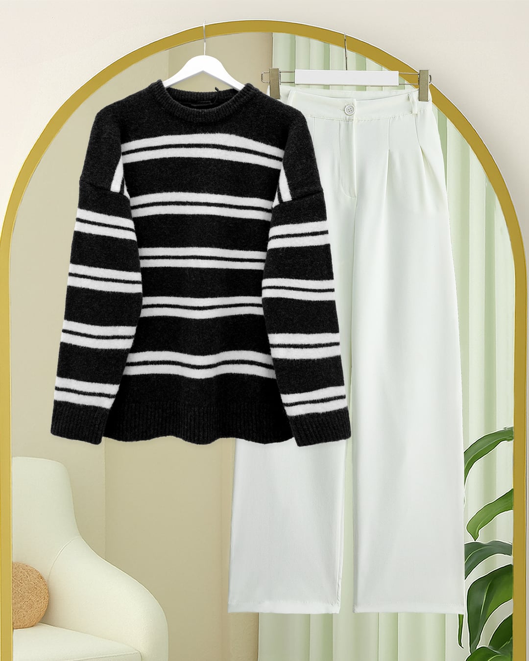 Black Striped Soft Knit Sweater with Boat Neckline - Podyumplus - by Peralane - photo 6