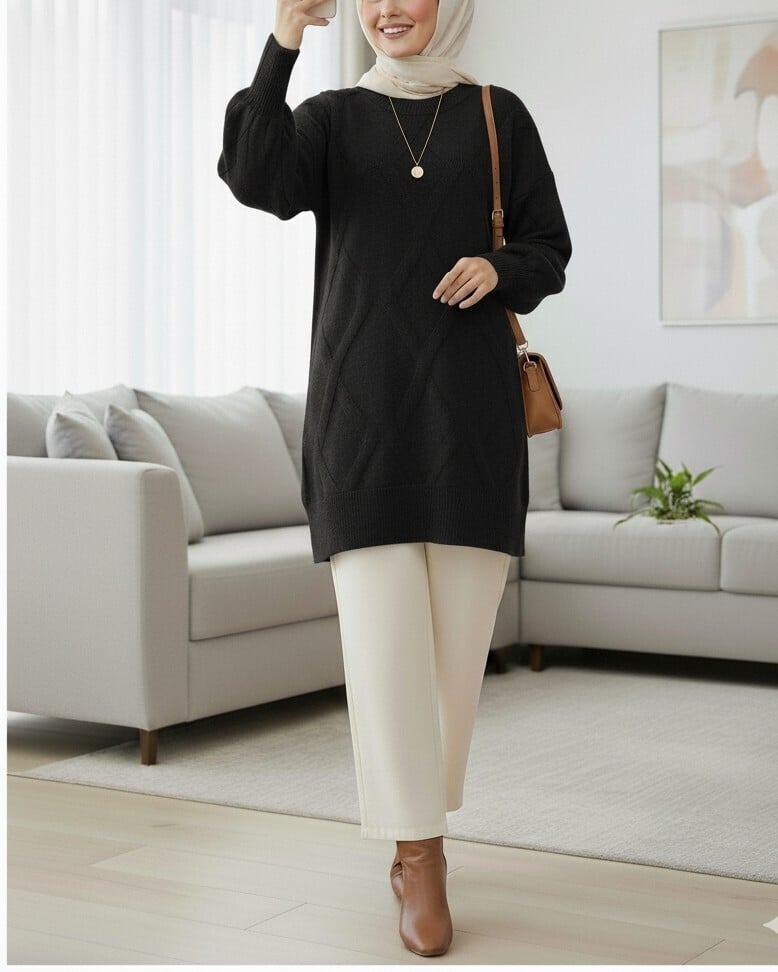 Black Diamond Pattern Soft Knit Tunic - Podyumplus - by Peralane - photo 3