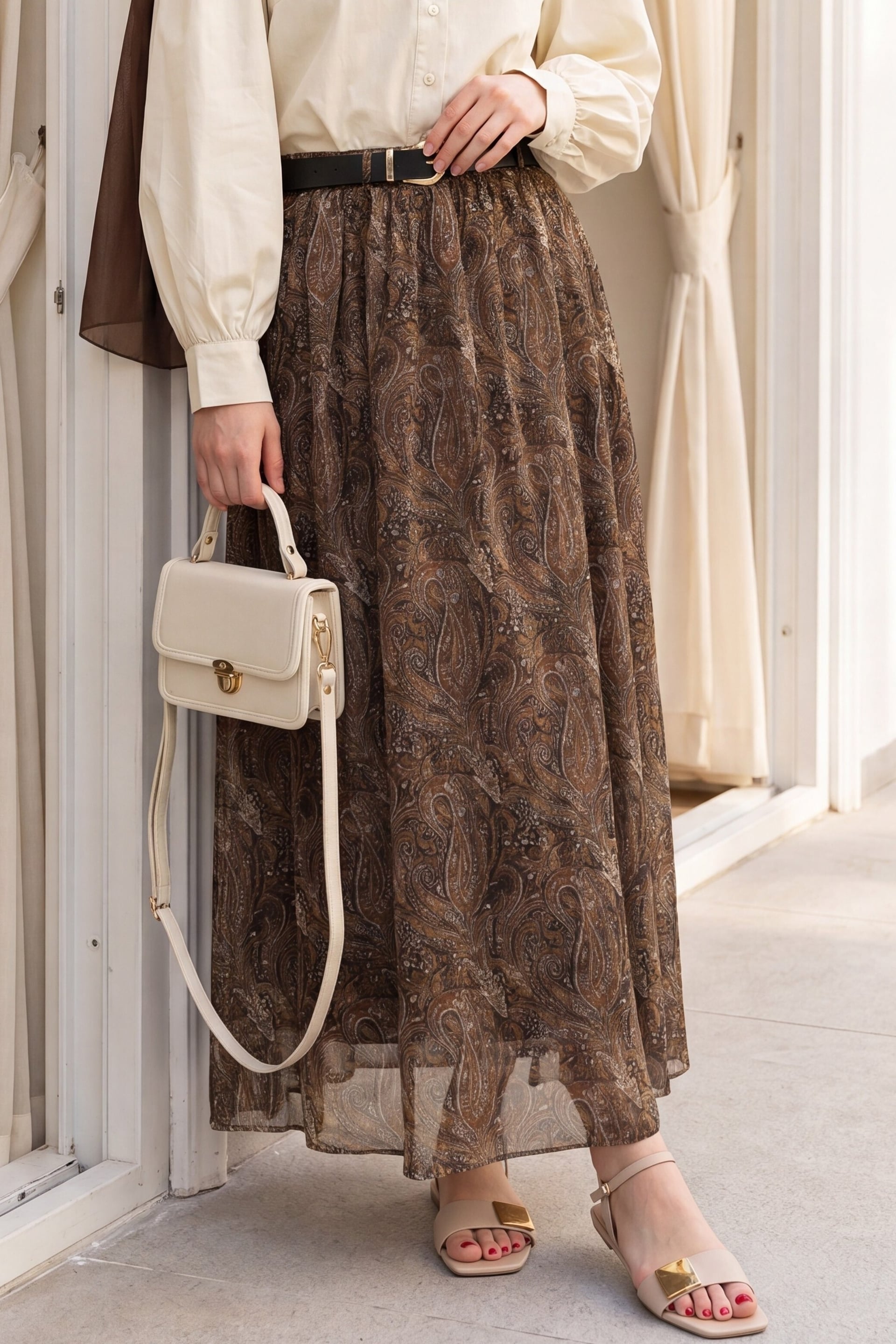 Patterned Tulle Skirt with Elastic Waist and Belt - Khaki - Podyumplus - by Peralane - photo 2