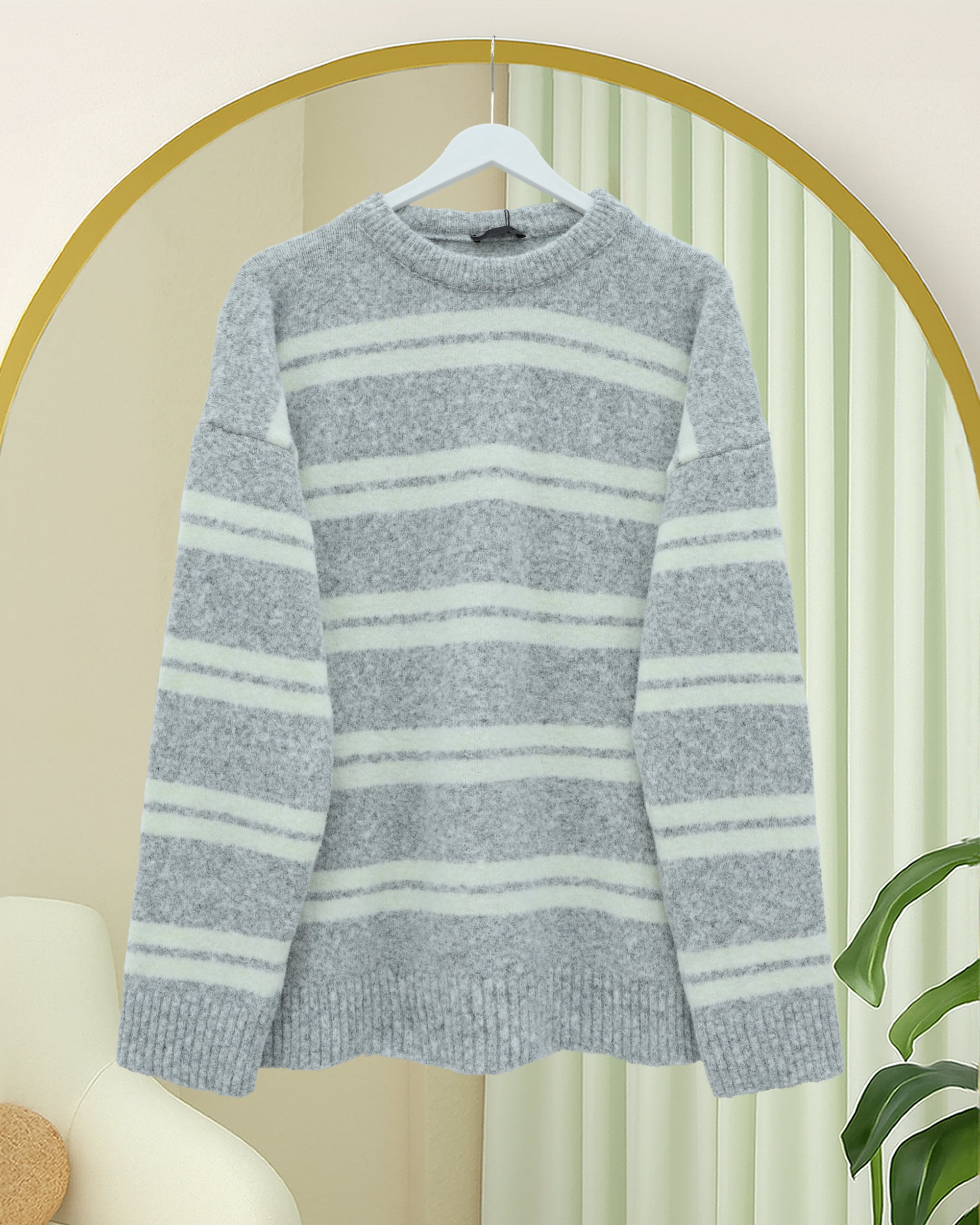 Round Neck Striped Soft Knit Sweater - Grey - Podyumplus - by Peralane - photo 3
