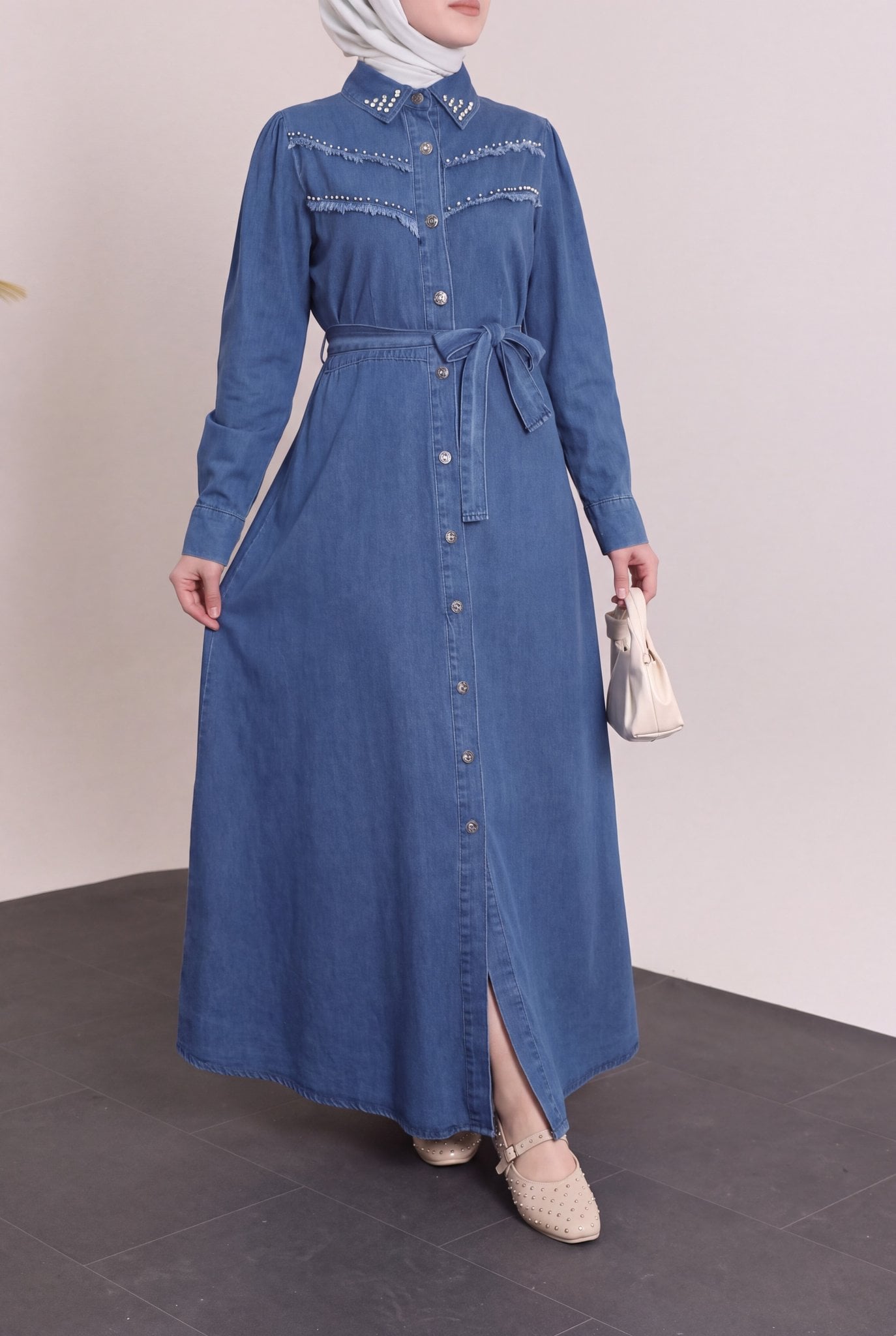 Dark Blue Denim Dress with Rhinestone Collar and Chest - Podyumplus - by Peralane - photo 4