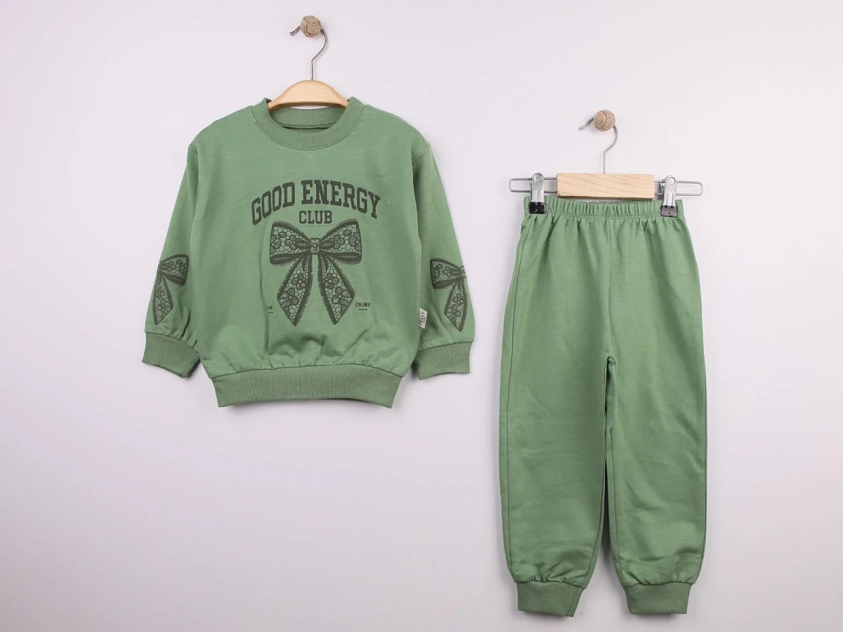 Girl's Bow Print Sweatshirt and Trousers Set - Sage Green - Feely Kids - by Peralane