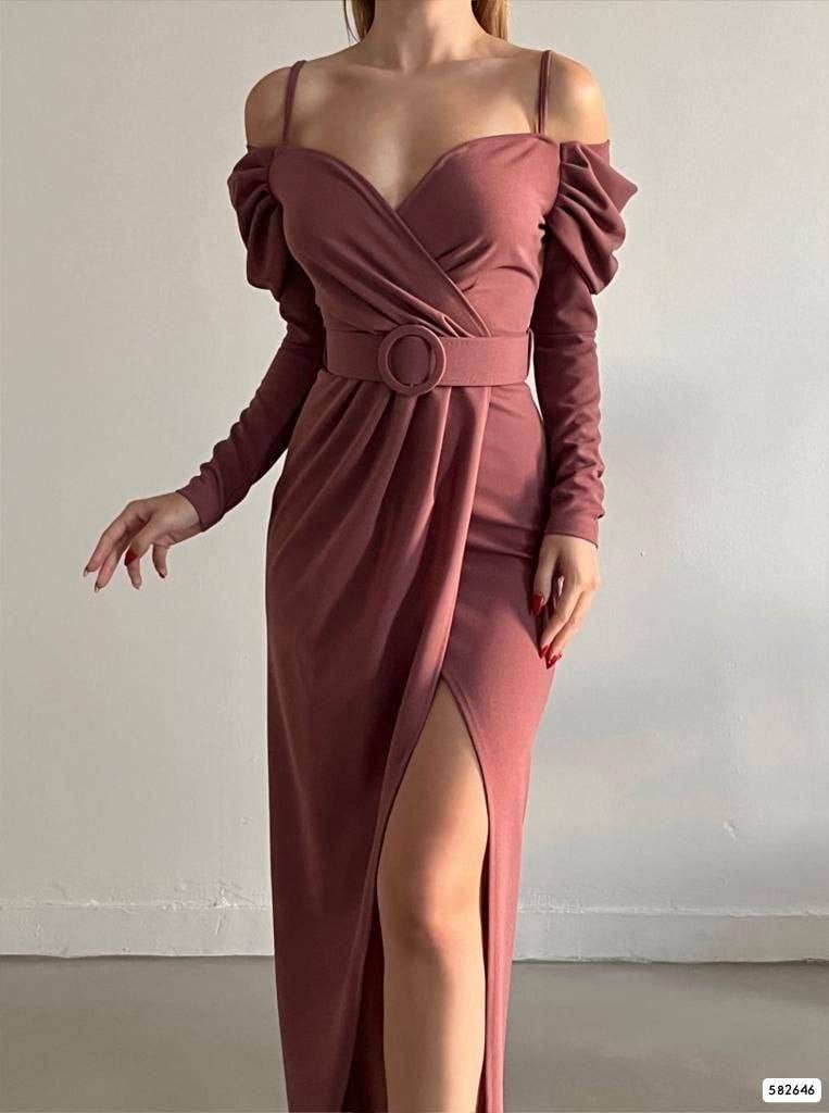 Dusty Rose Wrap Dress with Belt and Slit for Women - Podyumplus - by Peralane - photo 2