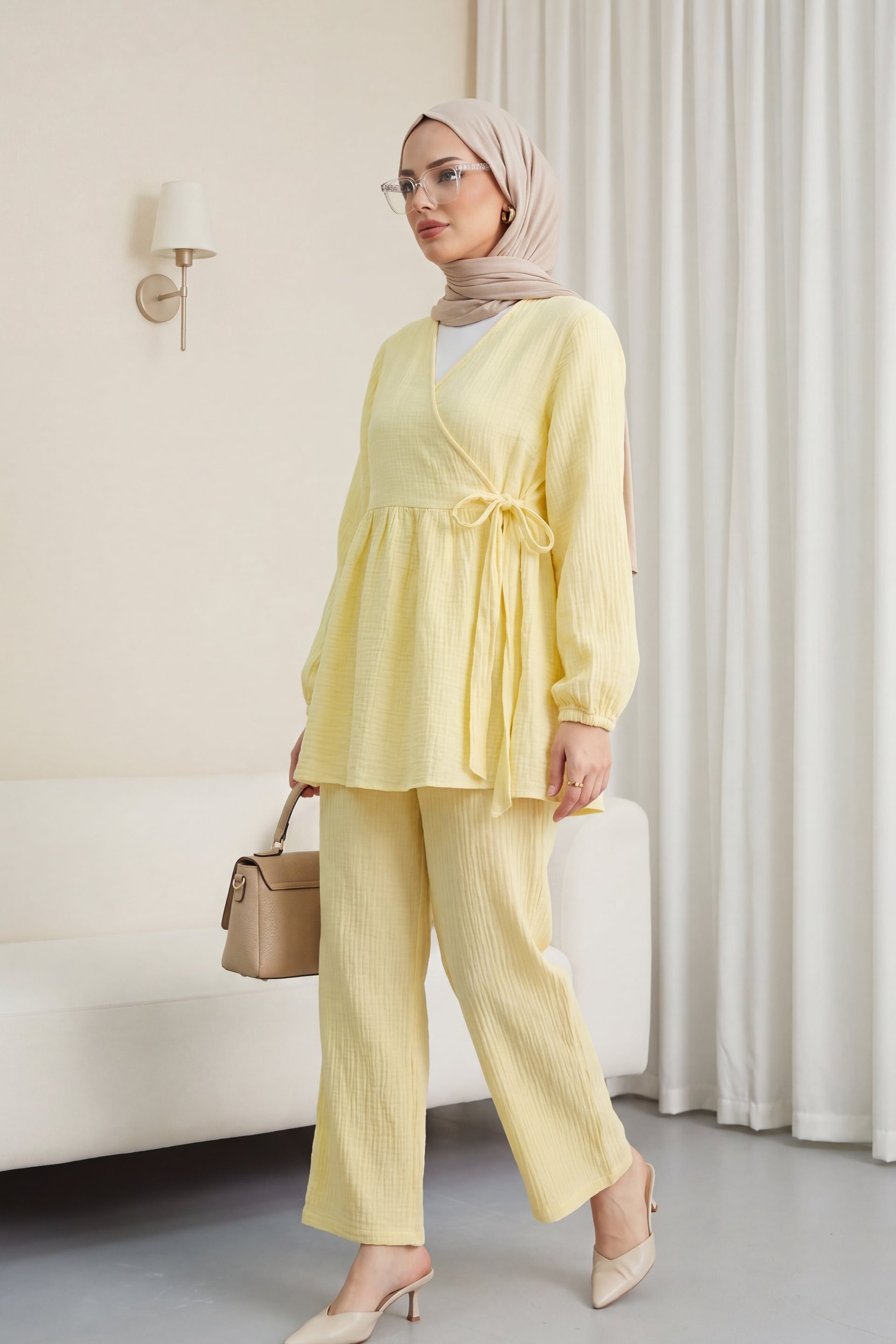 Women's Wrap Top and Wide-Leg Trouser Co-ord Set in Yellow - Podyumplus - by Peralane