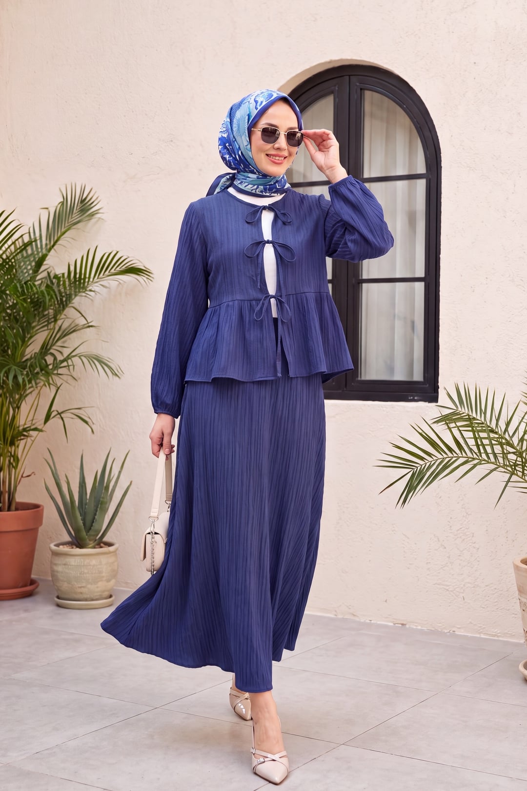 Front Tie Long Sleeve Peplum Top and Maxi Skirt Set in Indigo - Podyumplus - by Peralane - photo 3