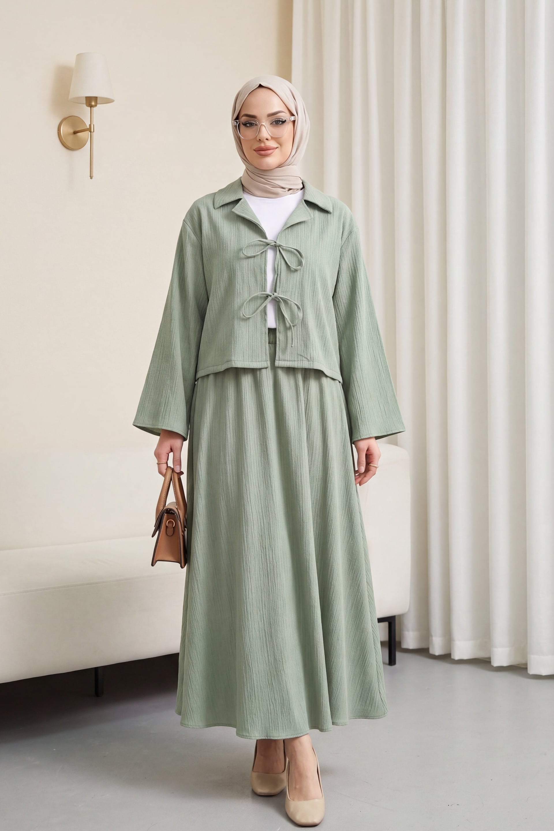 Front-Tie Crinkle Co-ord Set with Maxi Skirt - Sage Green - Podyumplus - by Peralane - photo 4