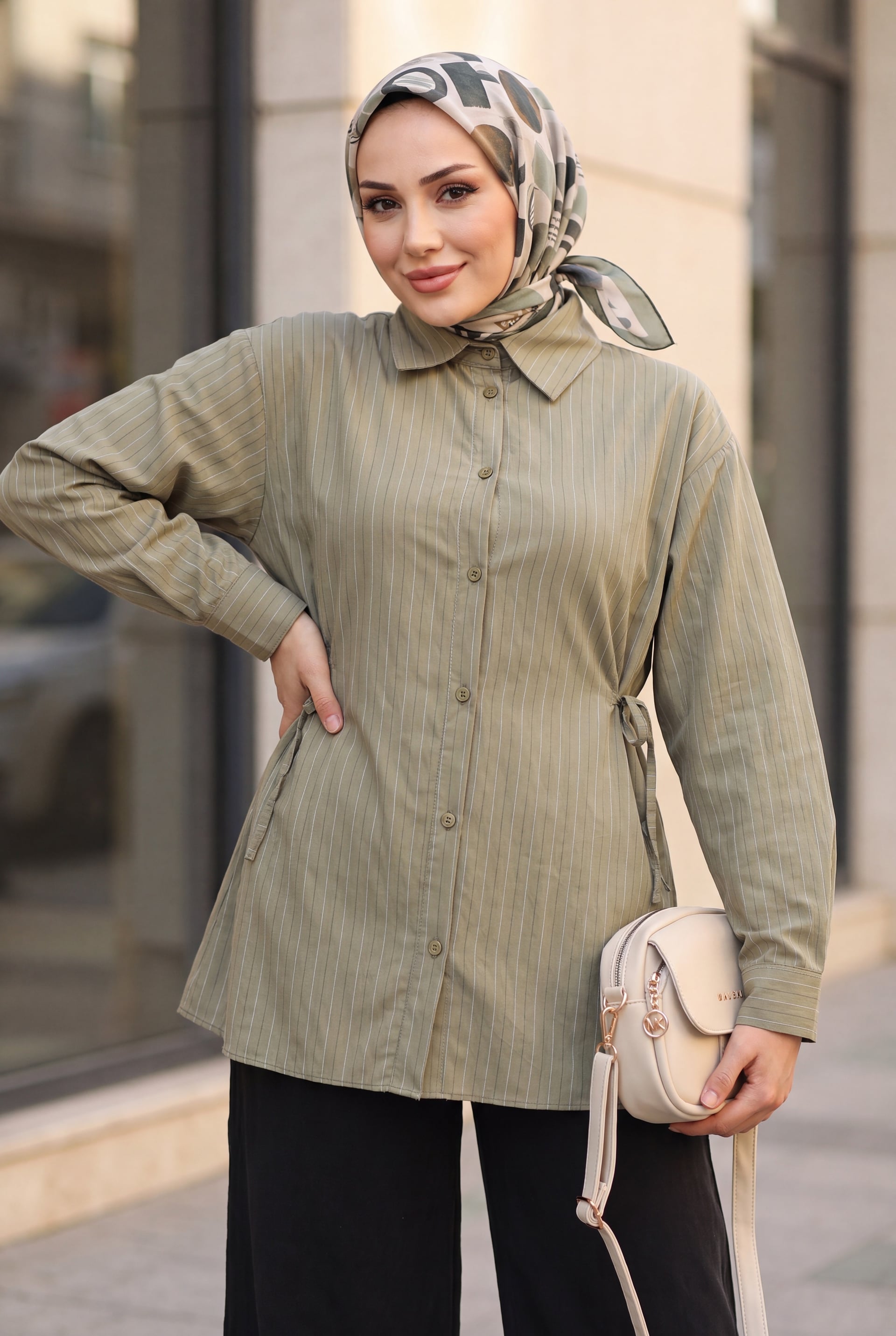 Striped Modal Tunic with Side Lacing and Buttons - Olive Green - Podyumplus - by Peralane - photo 2