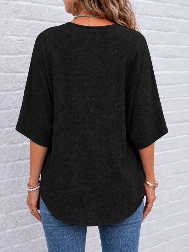 Women's Black Short Sleeve V-Neck Button Blouse - Janes - by Peralane - photo 4