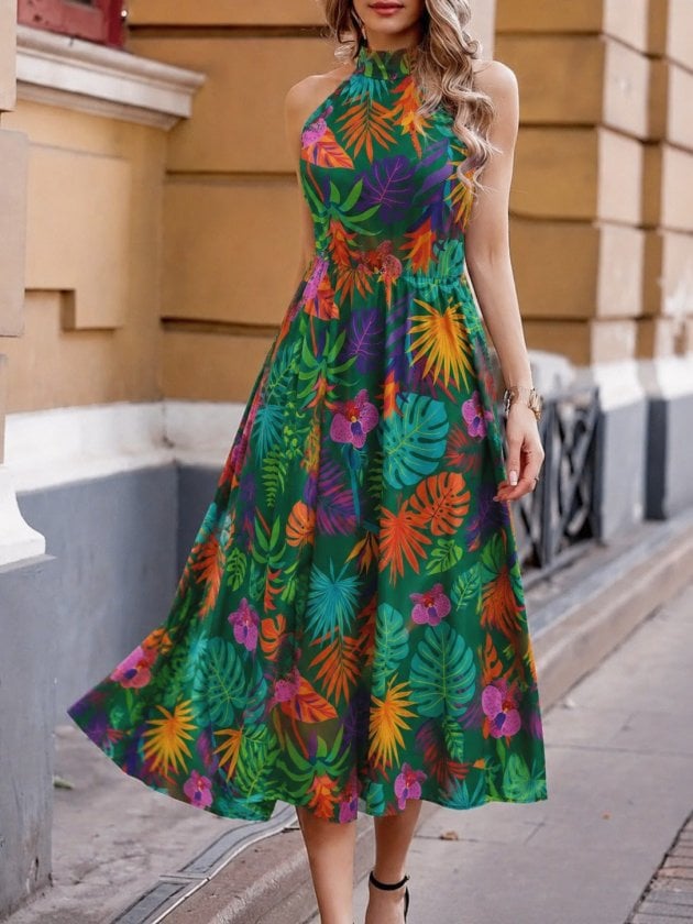 Women's Sleeveless Halter Neck Midi Dress with Tropical Leaf and Floral Print - Janes - by Peralane - photo 2