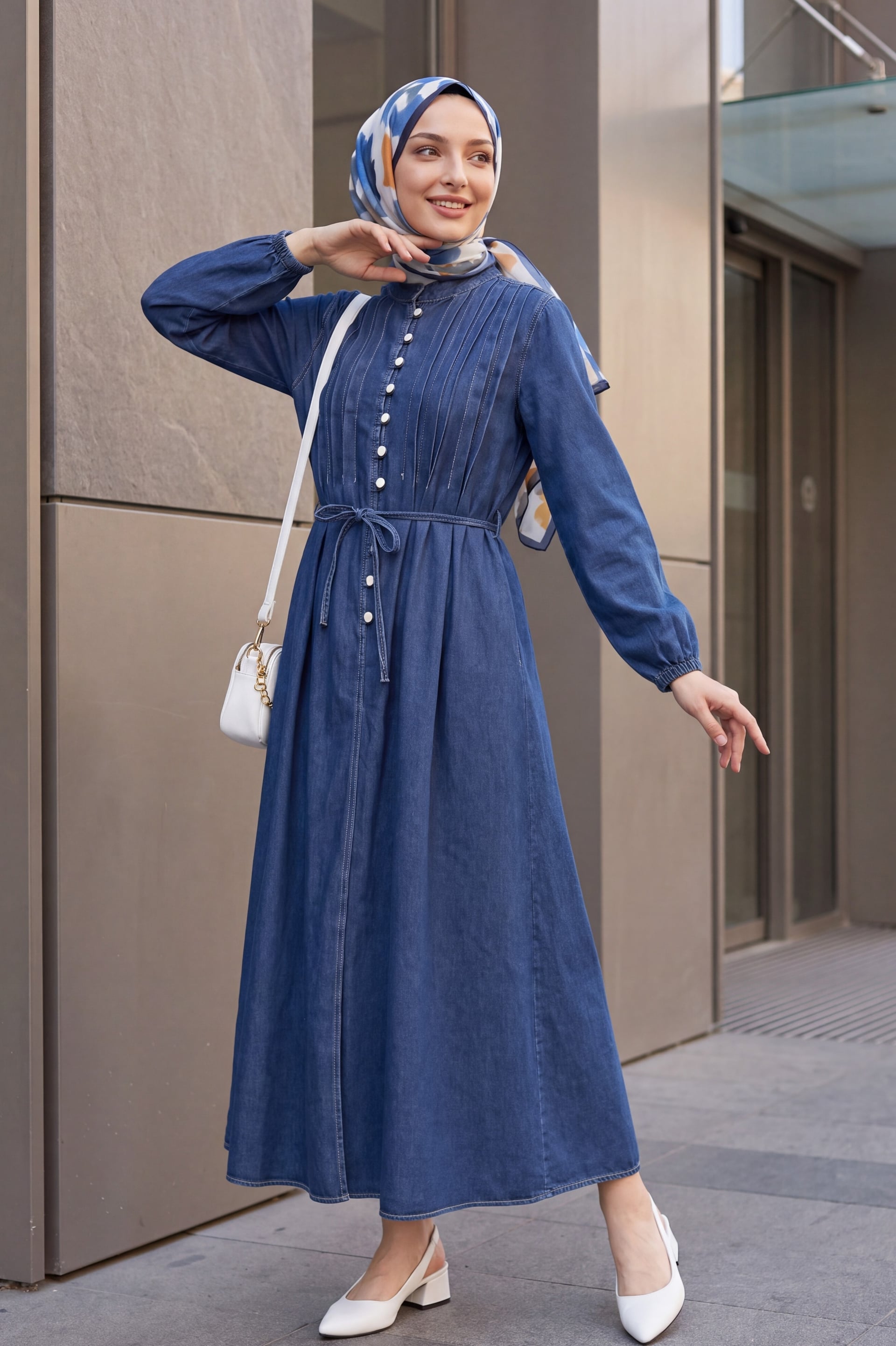 Half-Back Button Denim Dress with Tie Belt and Elastic Cuffs - Navy - Podyumplus - by Peralane