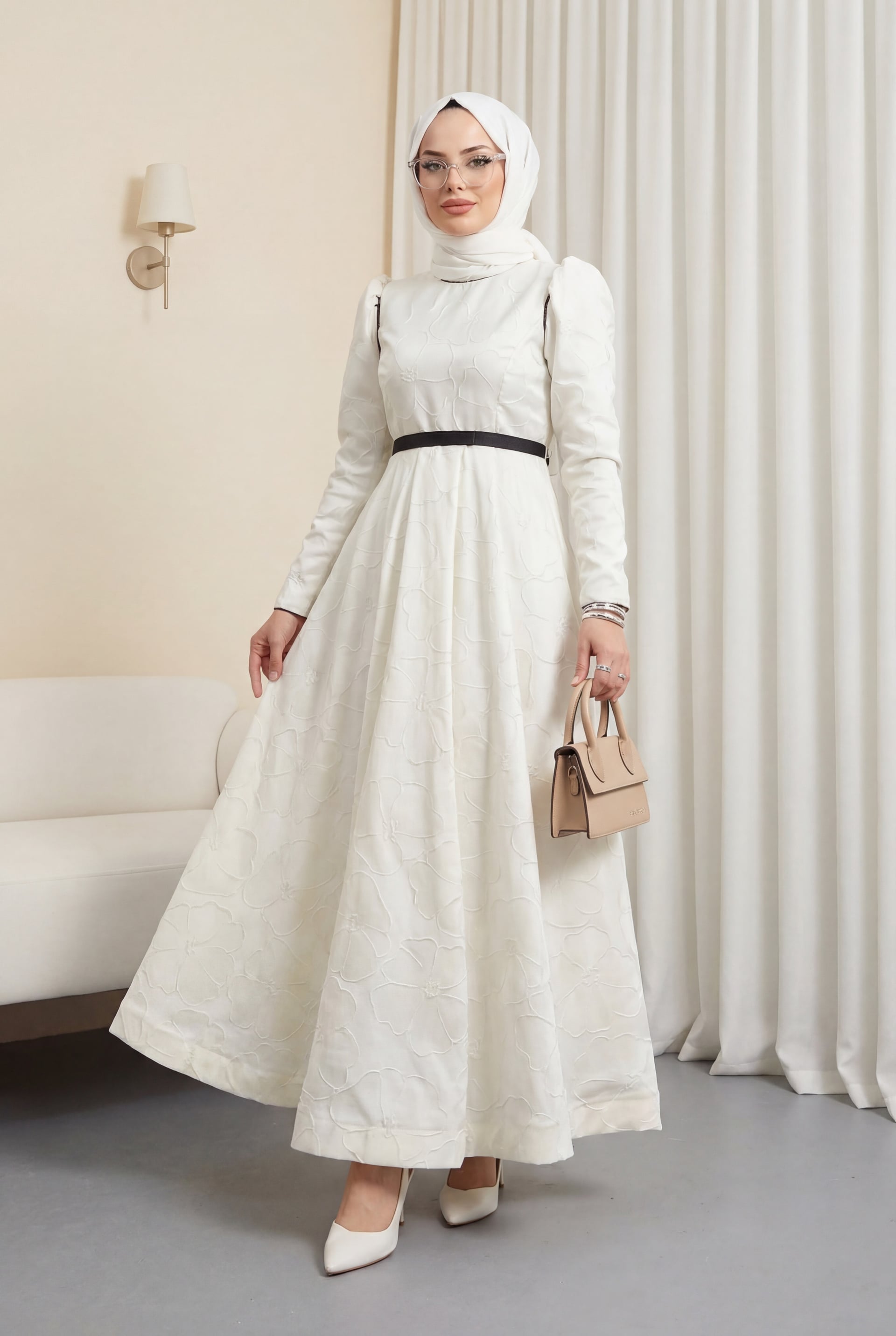 White Belted Balloon Skirt Cold Print Kaftan Evening Dress - Podyumplus - by Peralane