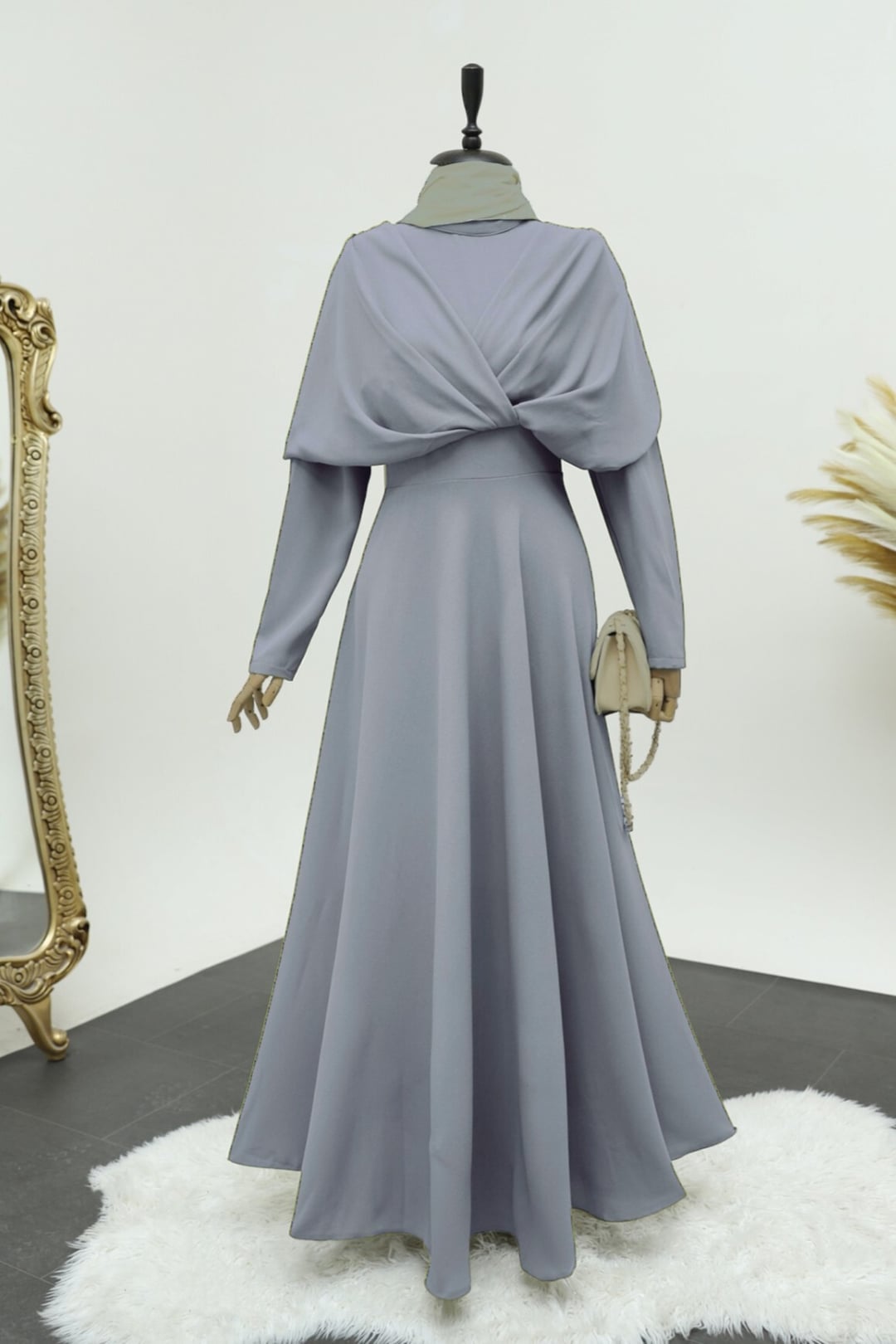Grey Crepe Dress with Cross-Front Double Layer and Cape Effect - Podyumplus - by Peralane