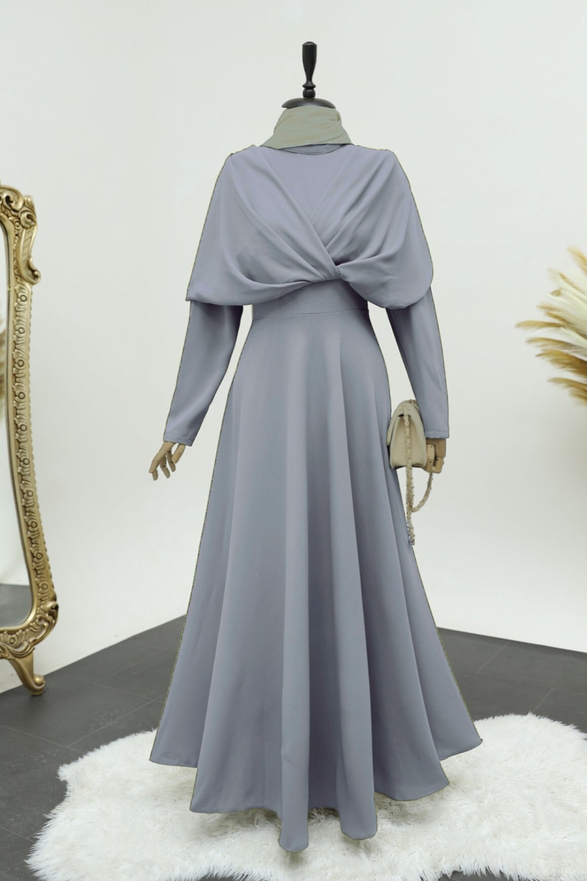 Grey Crepe Dress with Cross-Front Double Layer and Cape Effect - Podyumplus - by Peralane