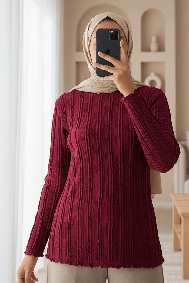Women's Textured Stretch Knit Blouse 975 - Bordeaux - Bigdart - by Peralane