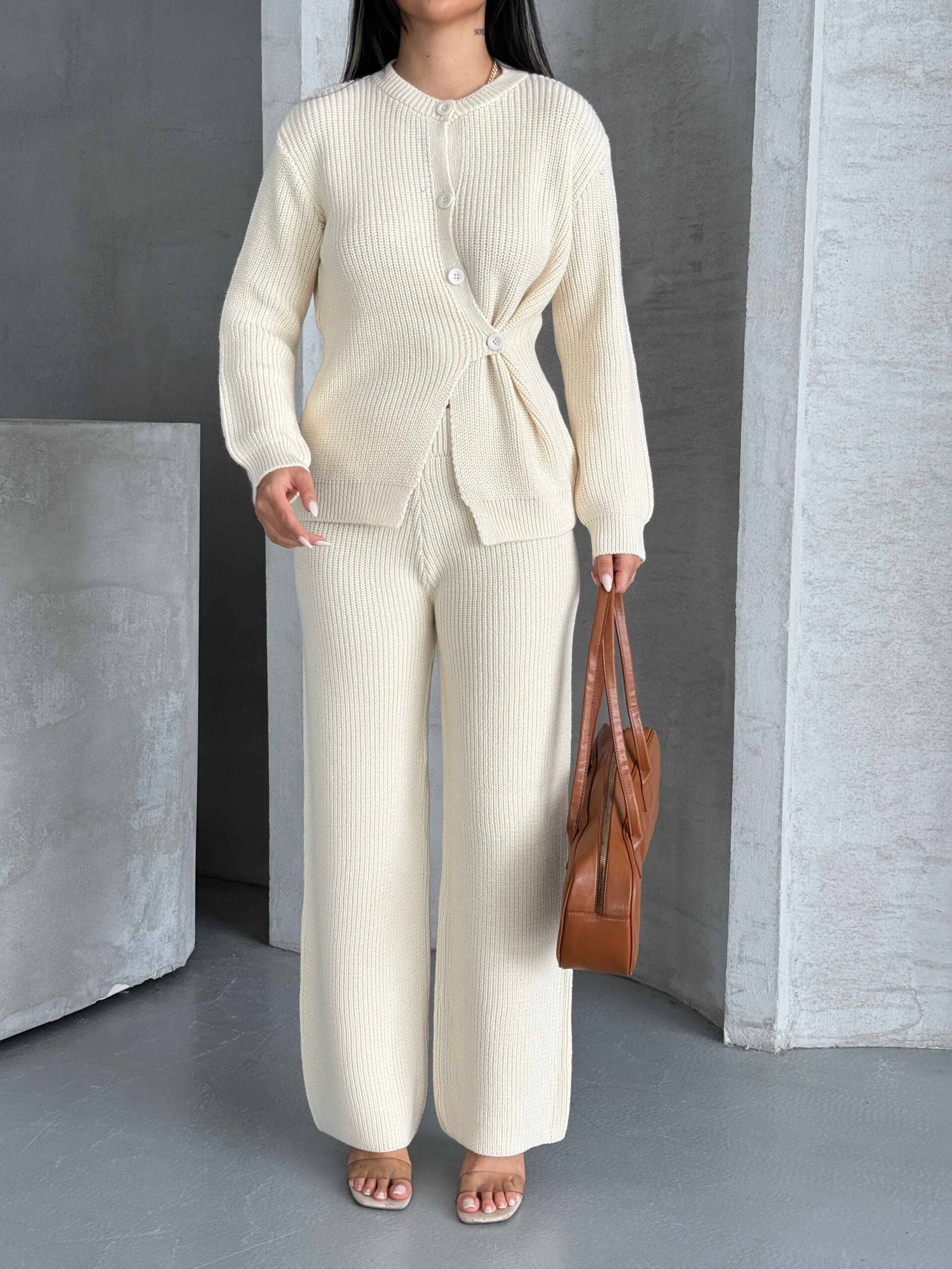 Cream Ribbed Knit Cardigan and Wide-Leg Trousers Set - My Bee - by Peralane - photo 4