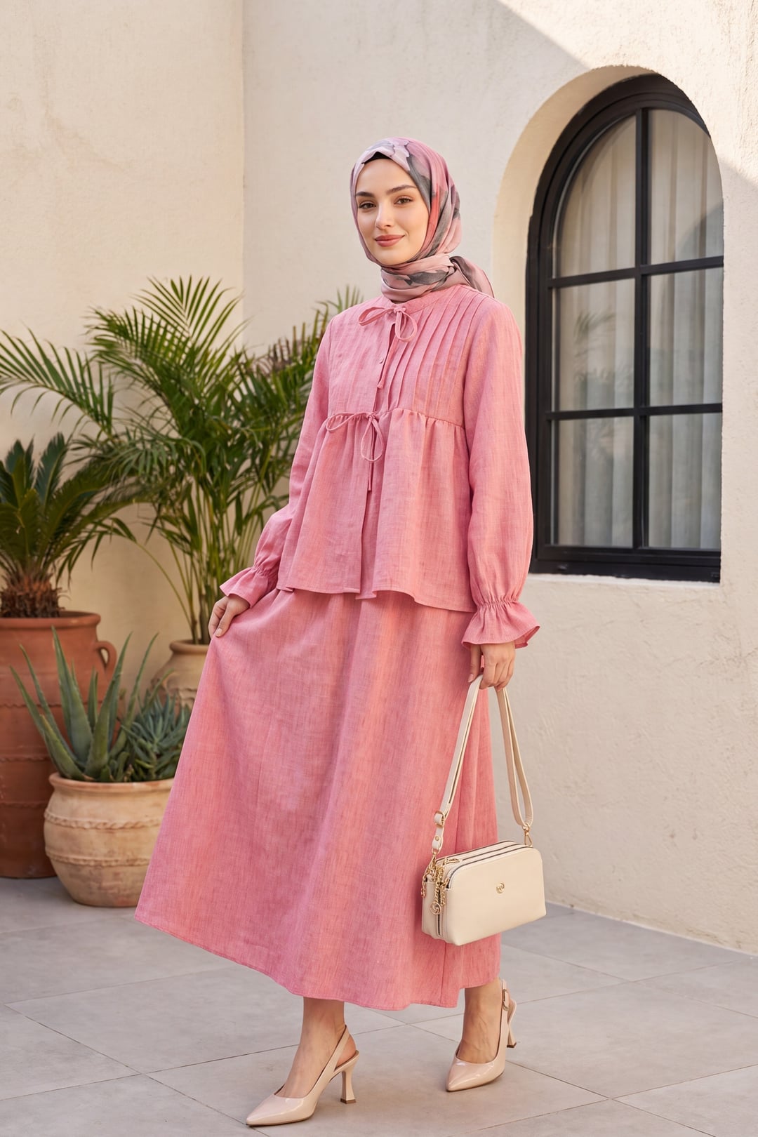Half Button Tie Front Linen Look Two Piece Modest Set with Skirt - Pomegranate - Podyumplus - by Peralane - photo 6
