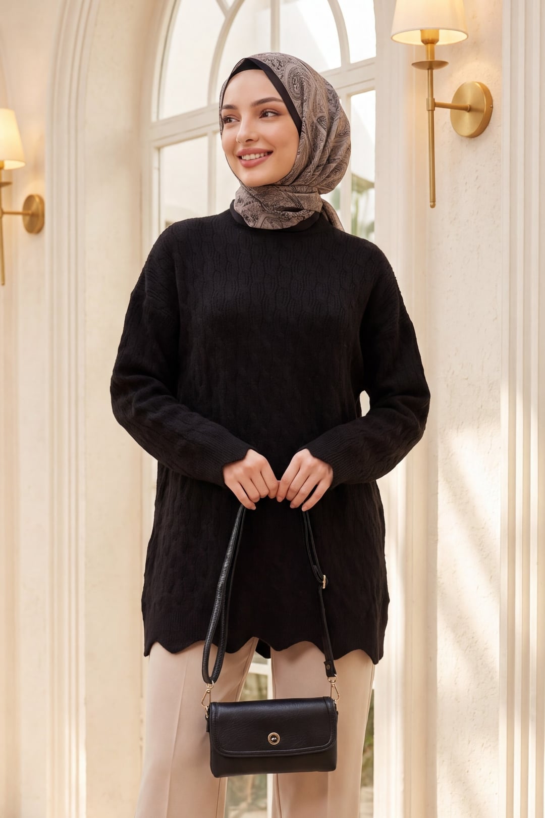 Black Chain Pattern Scoop Neck Oversized Knit Tunic - Podyumplus - by Peralane - photo 3