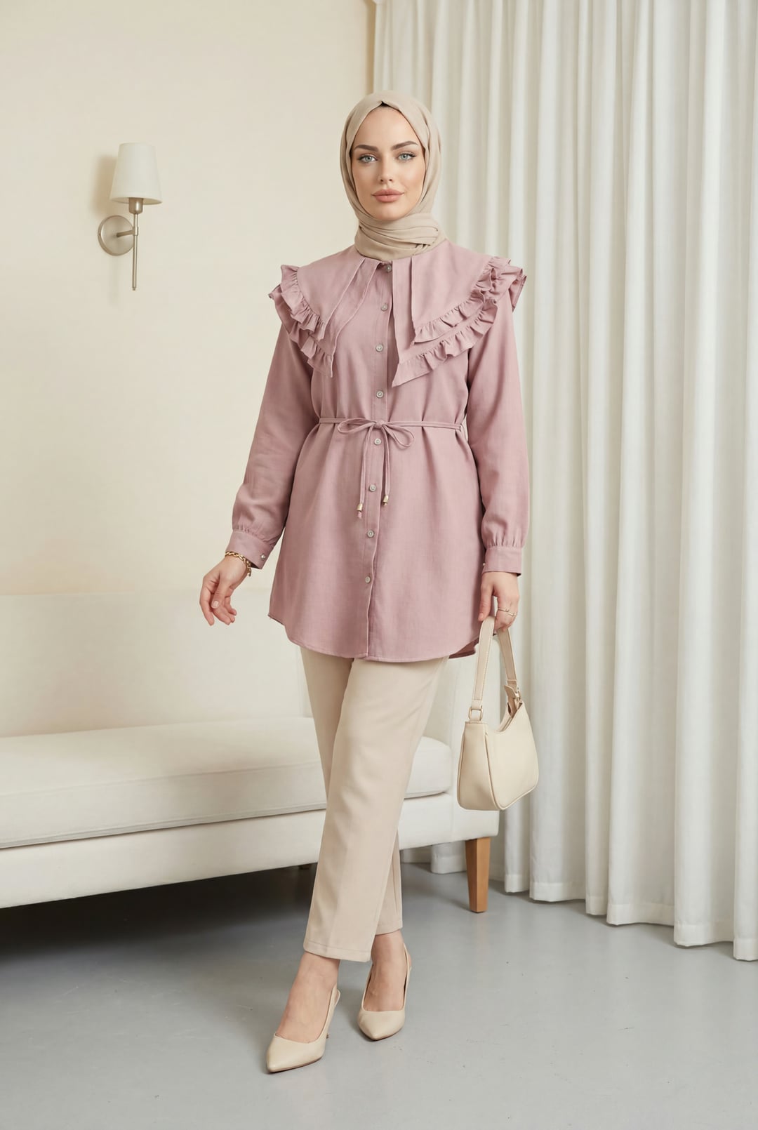 Double-Layer Ruffled Collar Buttoned Tie-Waist Linen Look Tunic - Powder - Podyumplus - by Peralane - photo 5
