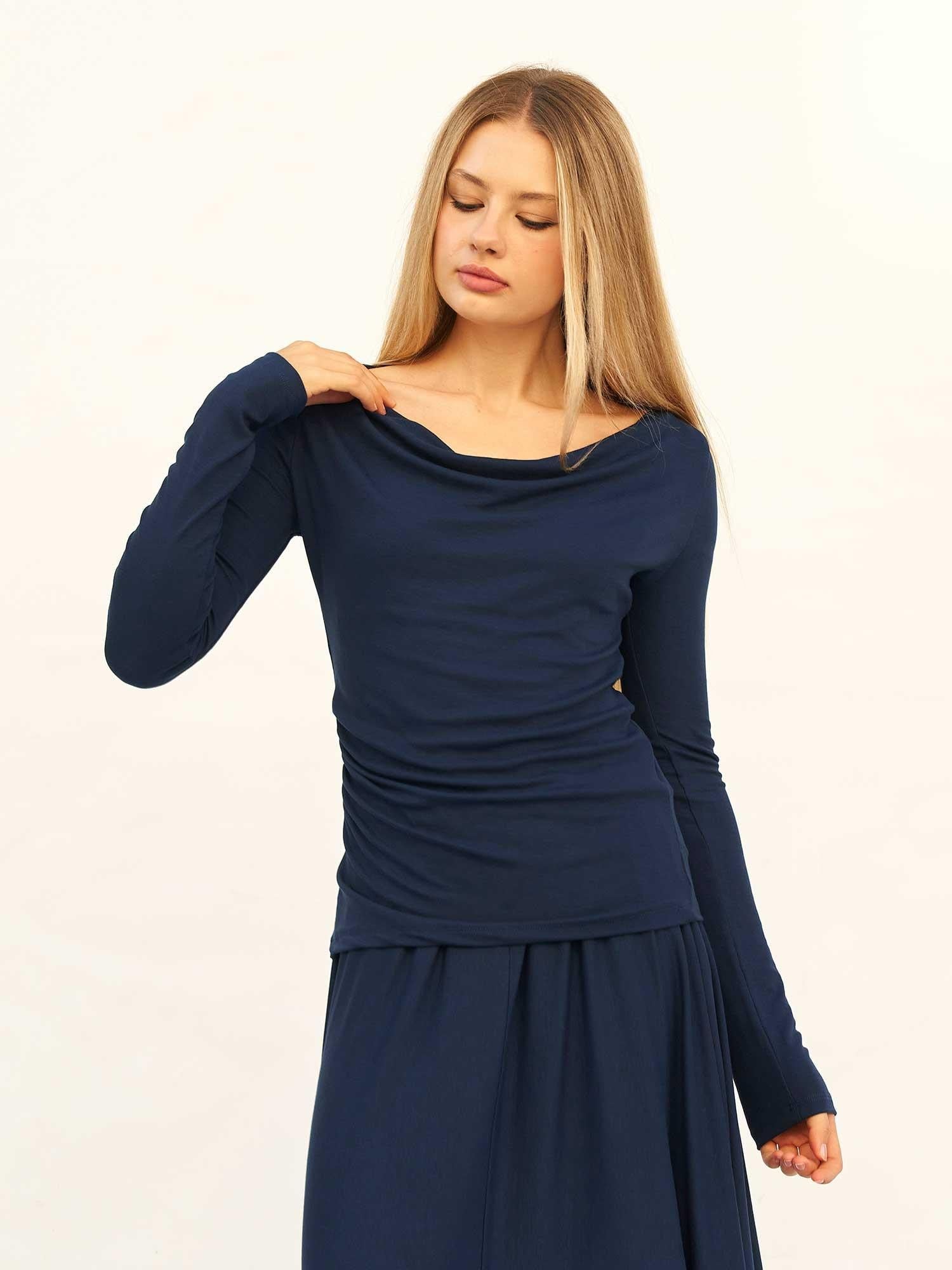 Navy Blue Cowl Neck Top and Asymmetric Midi Skirt Knit Set - Lefon - by Peralane - photo 5