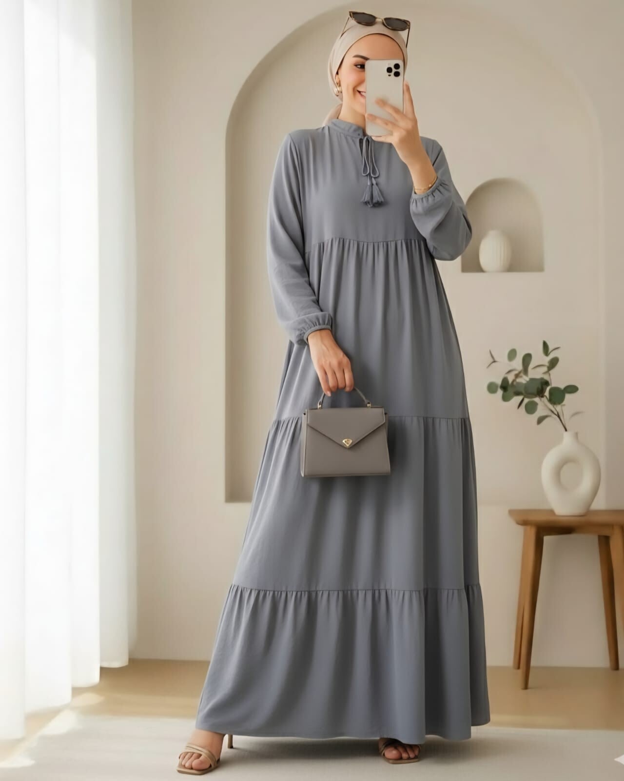 Grey Tie-Neck Modest Dress with Tassels - Bigdart - by Peralane