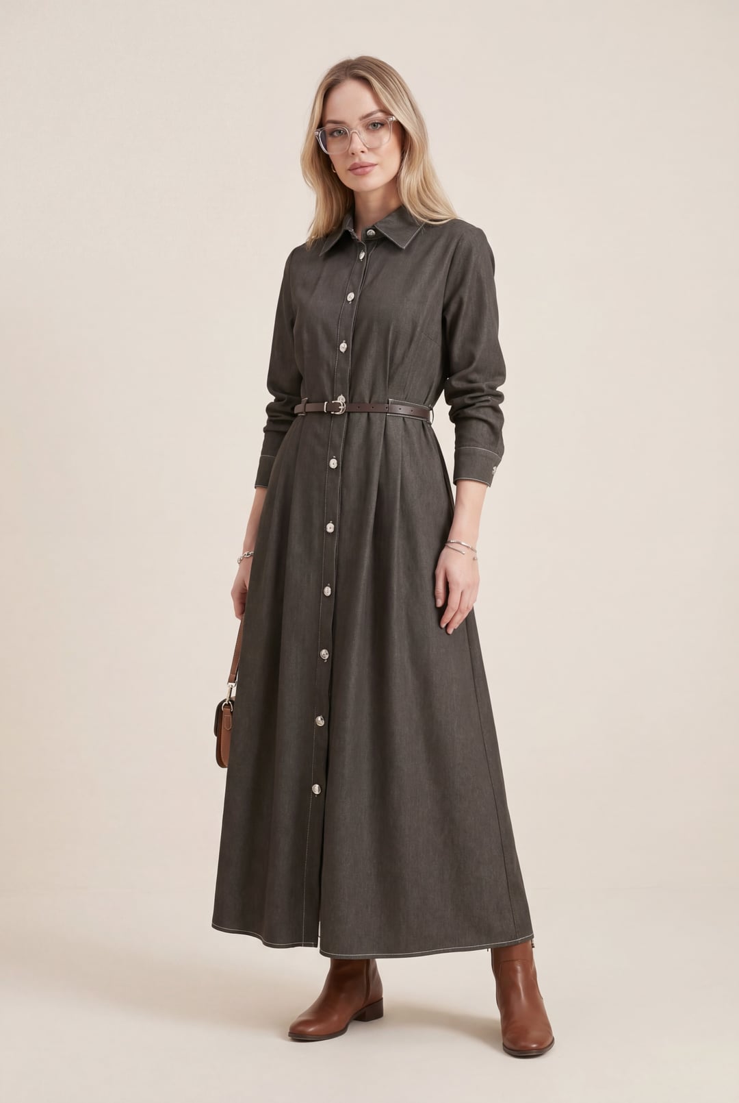 Front Button Pleated Tunnel Belt Denim Dress - Toprak - Podyumplus - by Peralane - photo 3