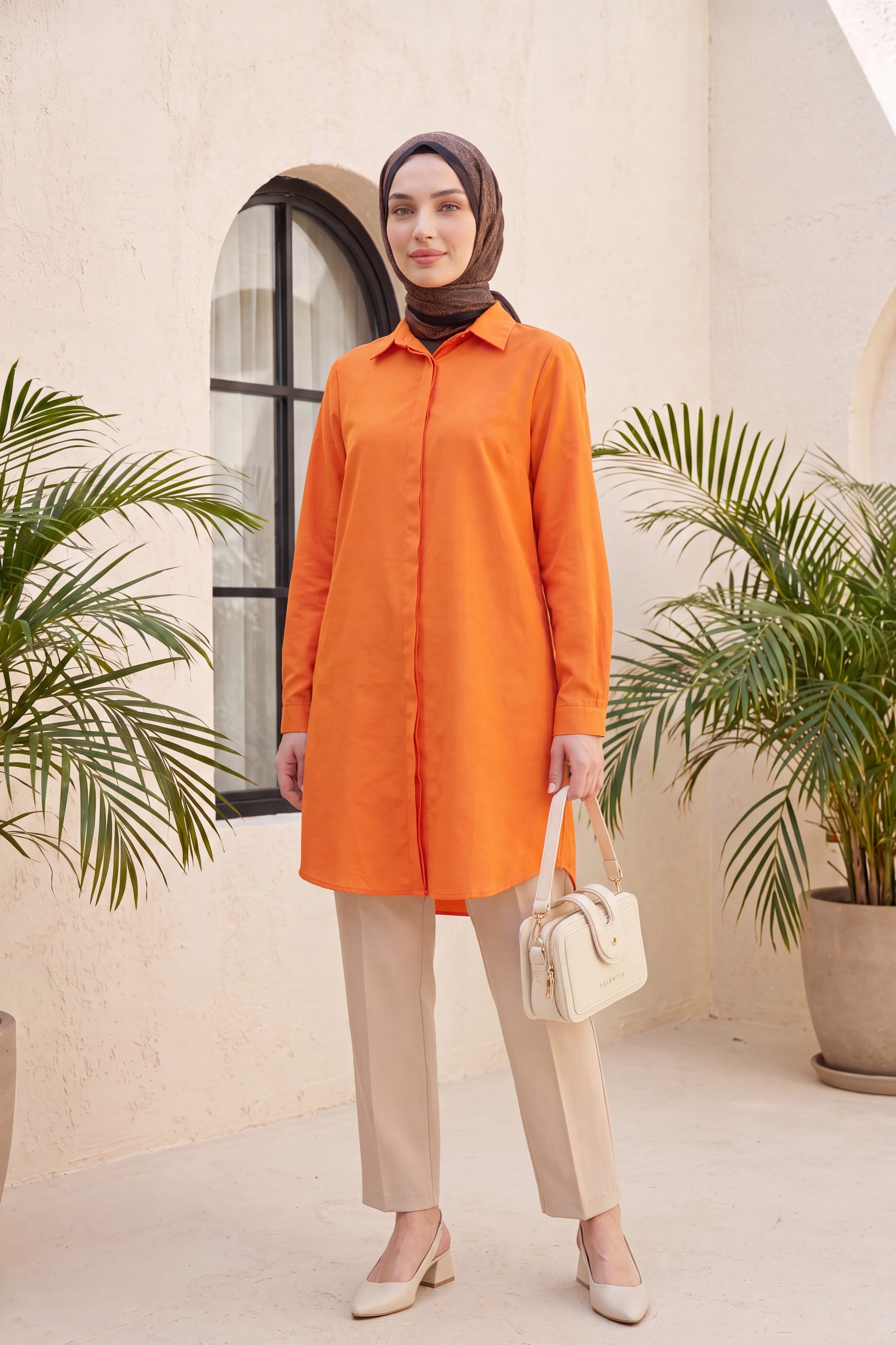 Hidden Button Oval Cut Long Shirt - Orange - Podyumplus - by Peralane - photo 4
