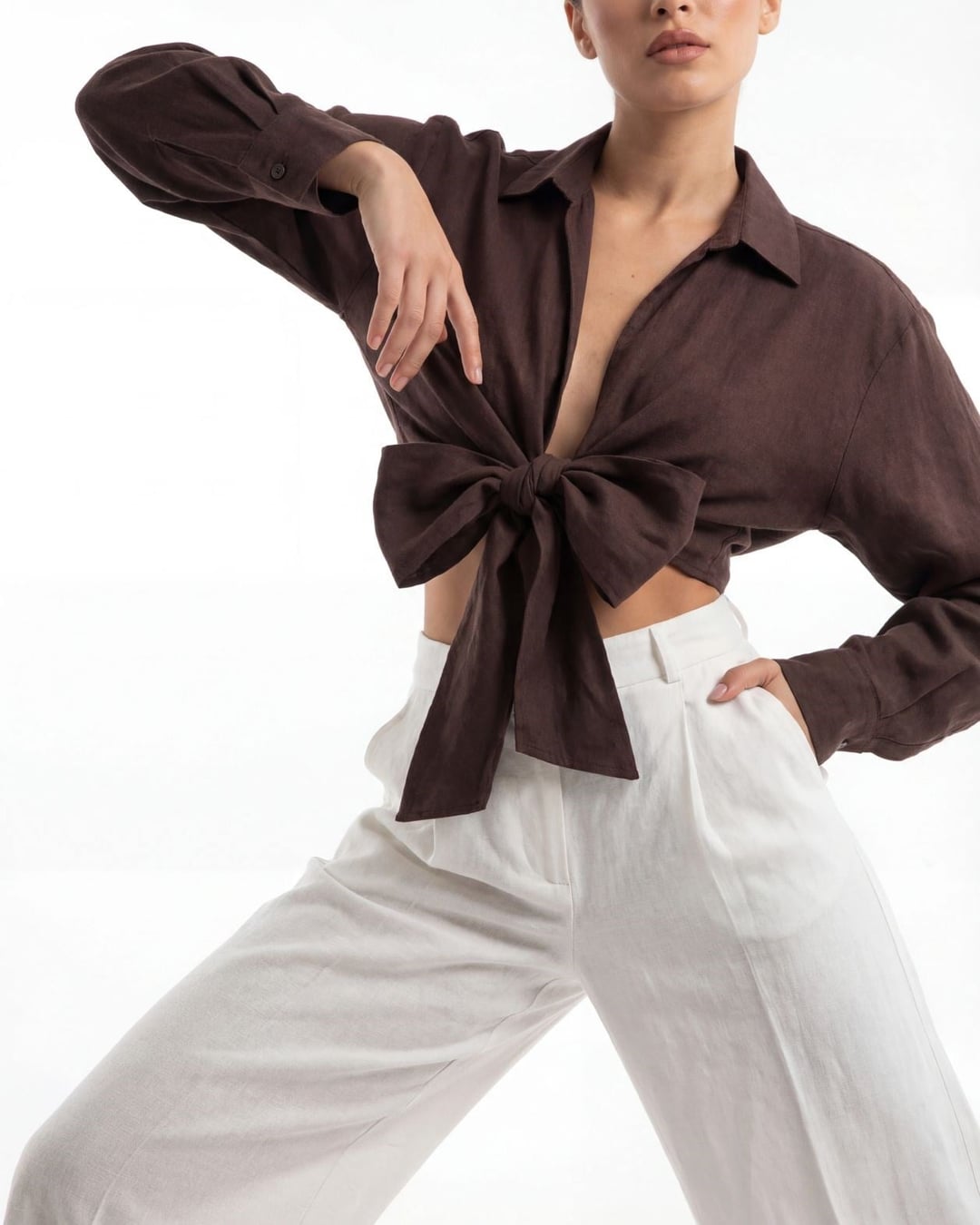 Women's Dark Brown Linen Collared Shirt with Bow Tie Front - Fame - by Peralane - photo 4