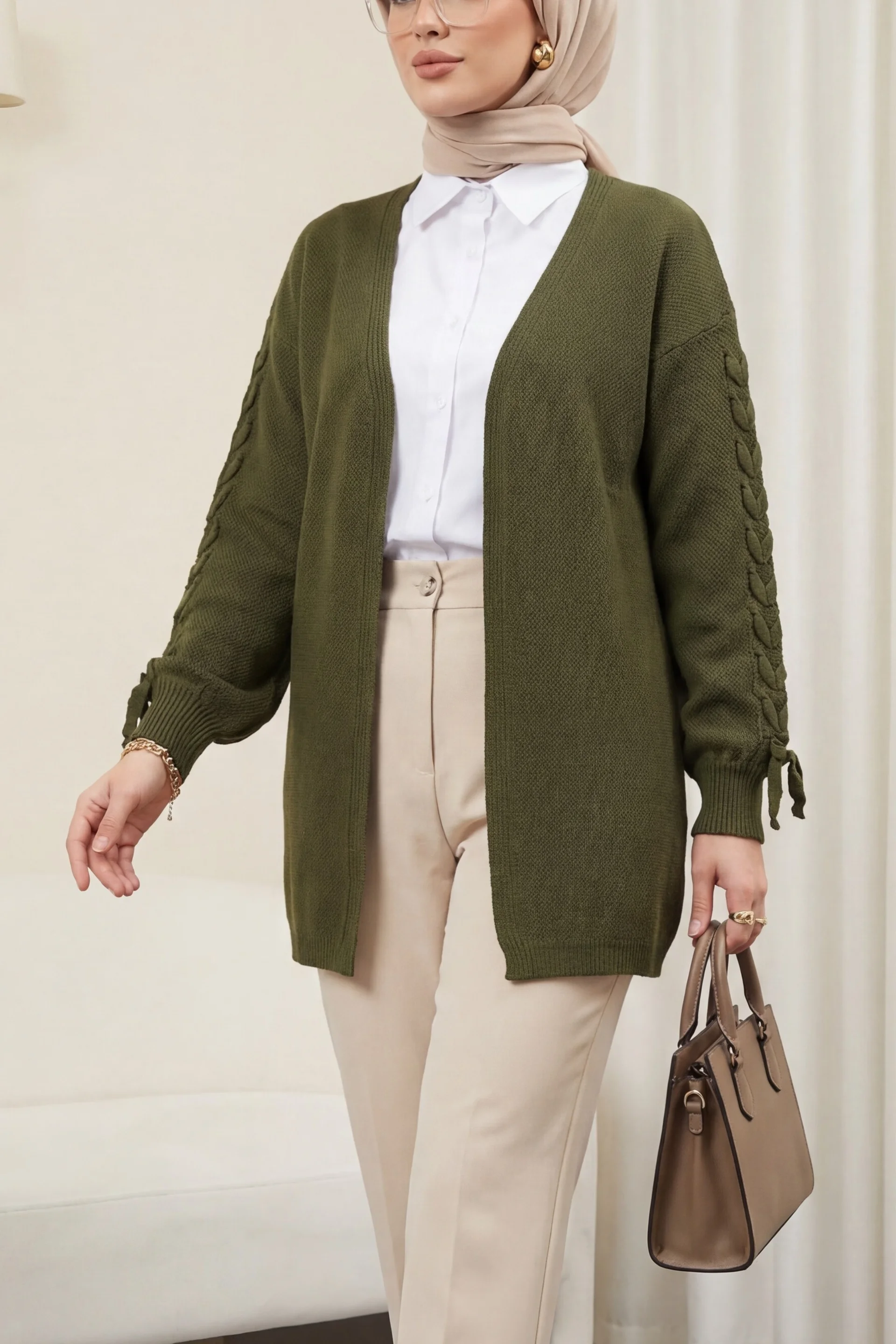 Braided Sleeve Relaxed Knit Cardigan - Olive - Podyumplus - by Peralane - photo 5