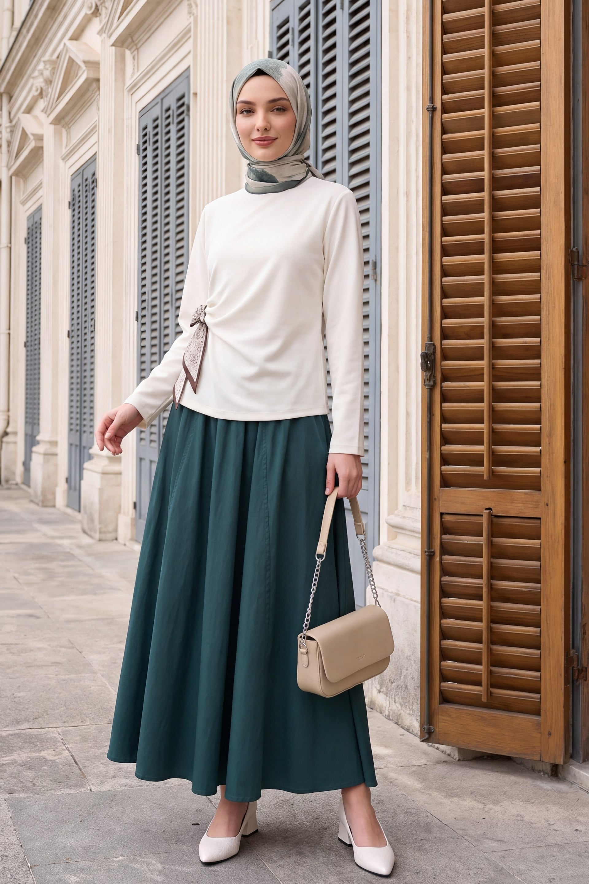 Elasticated Waist Poplin A-Line Skirt with Pockets - Emerald Green - Podyumplus - by Peralane - photo 2
