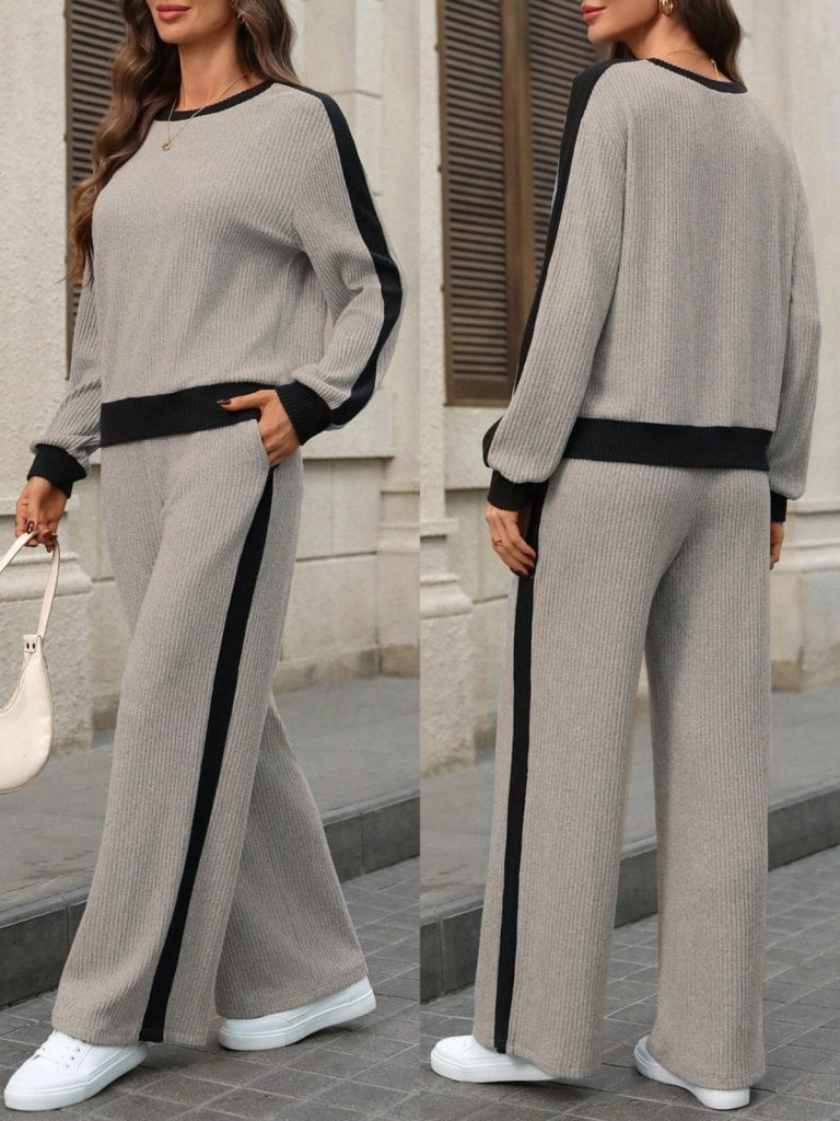 Women's Long Sleeve Crew Neck Brushed Knit Sweatshirt and Wide Leg Trousers Two-Piece Set - Janes - by Peralane