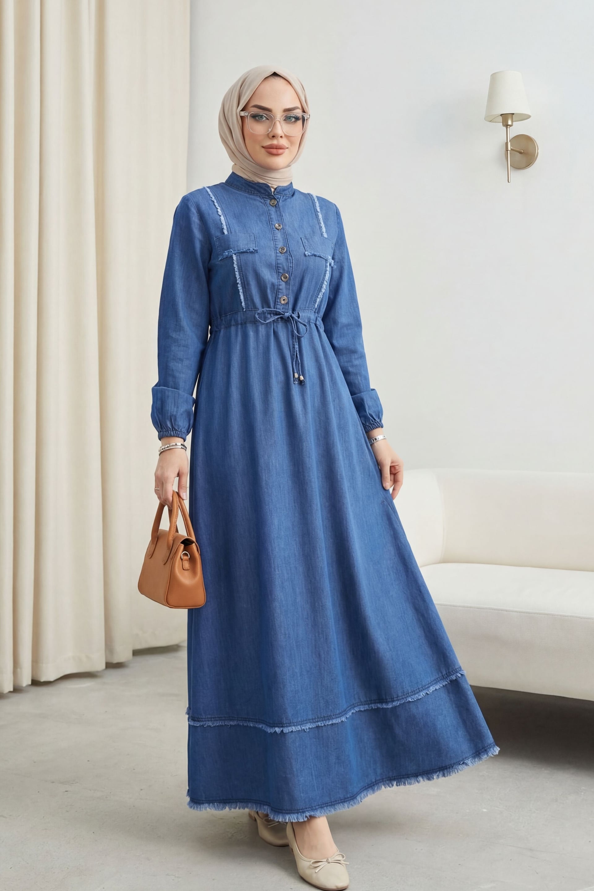 Half Button Frayed Detail Tunnel Lace Denim Dress - Indigo - Podyumplus - by Peralane