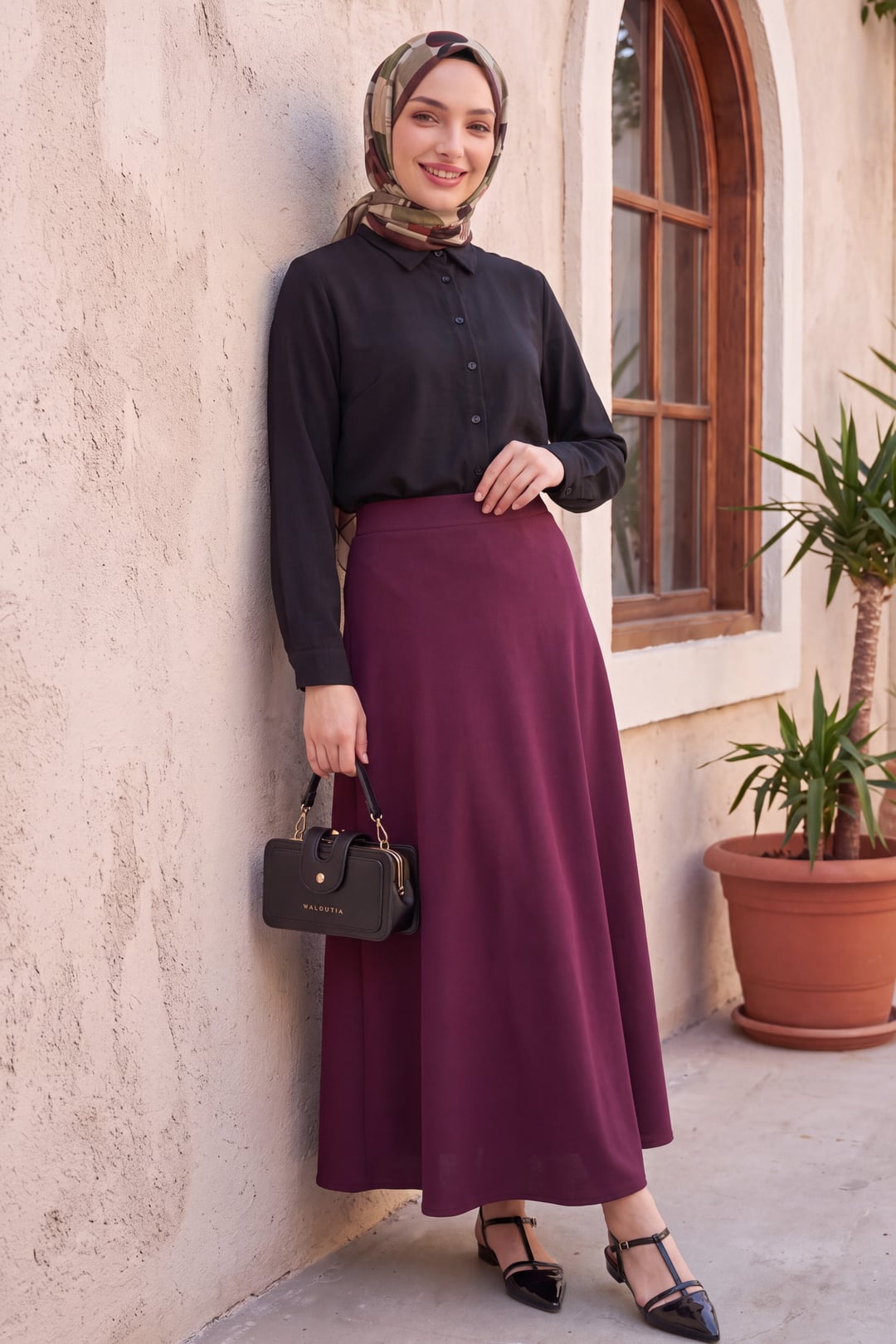 Burgundy Lycra Crepe Flared Maxi Skirt - Podyumplus - by Peralane - photo 2
