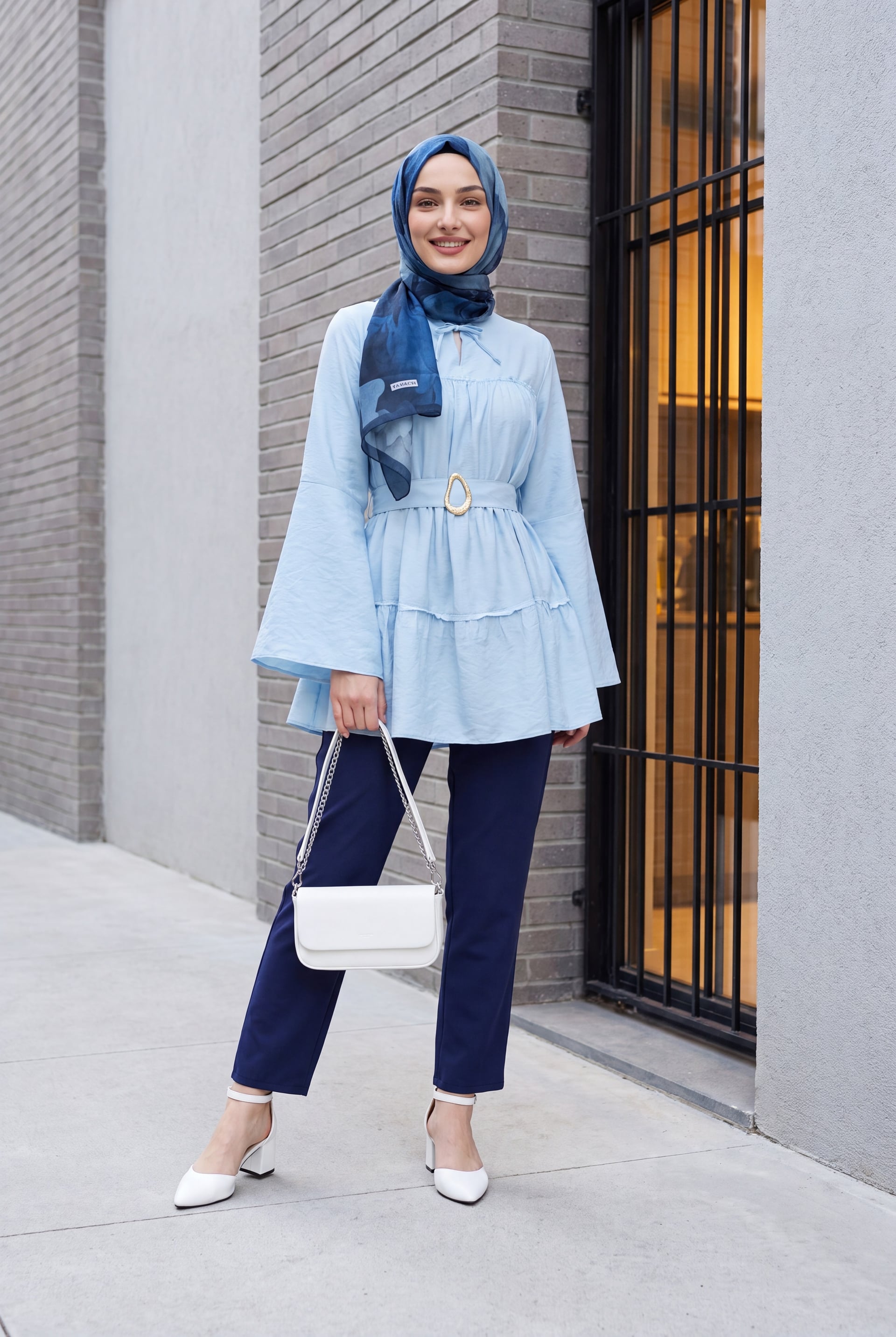 Belted Tie-Neck Tiered Poliviscose Tunic in Light Blue - Podyumplus - by Peralane - photo 6