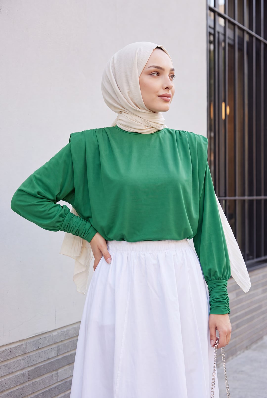 Padded Shoulder Ruched Sleeve Blouse - Green - Podyumplus - by Peralane - photo 2