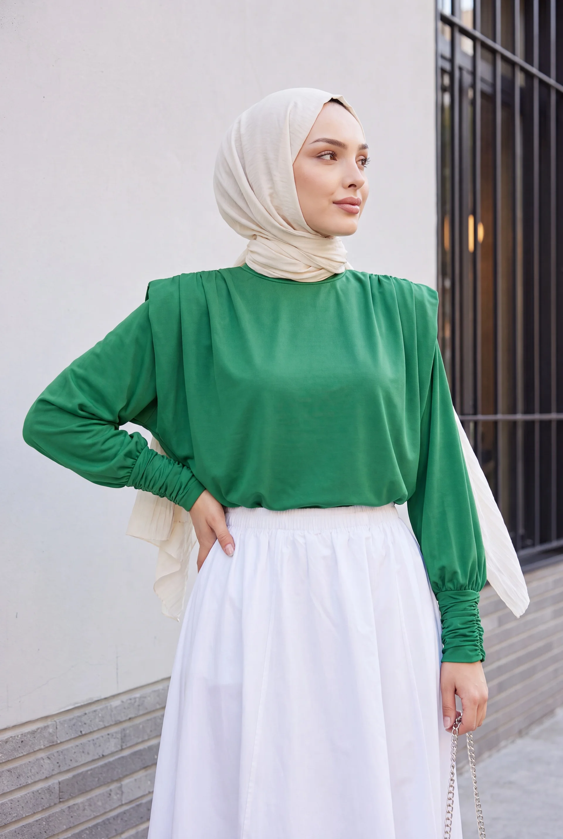 Padded Shoulder Ruched Sleeve Blouse - Green - Podyumplus - by Peralane - photo 2