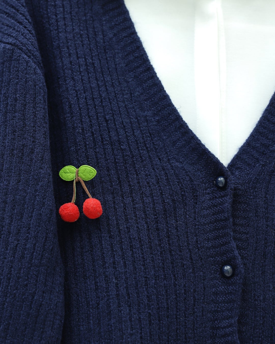 Navy Blue Ribbed Knit Cardigan with Cherry Buttons - Podyumplus - by Peralane - photo 4