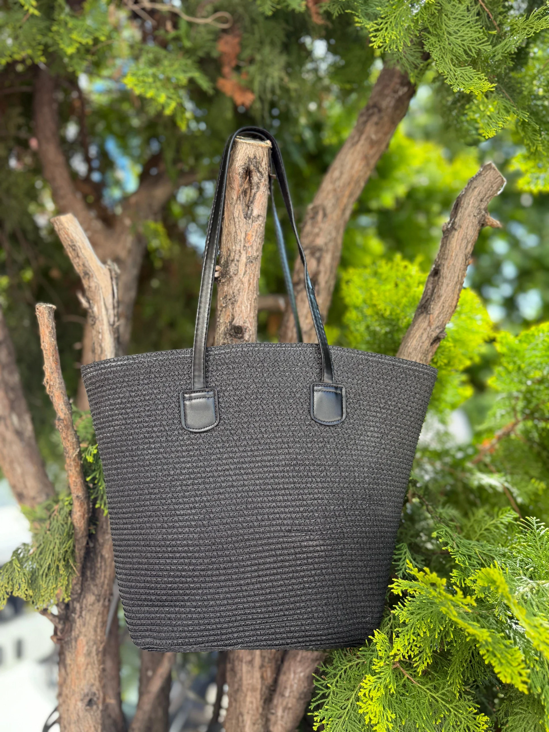 Black Woven Straw Tote Bag with Faux Leather Straps - Nesvay - by Peralane