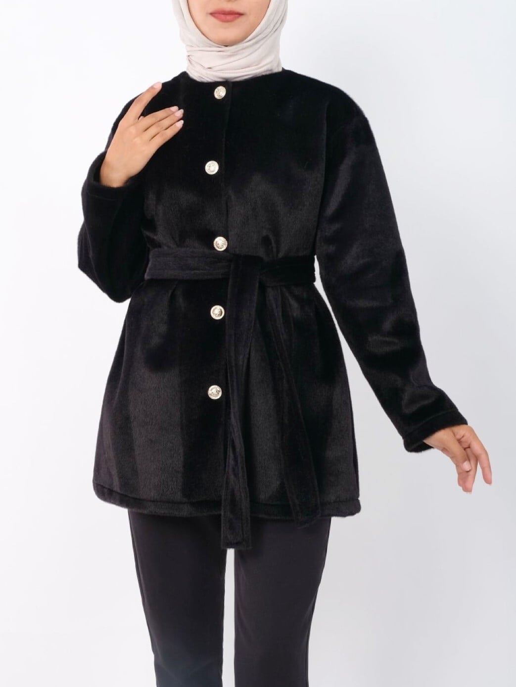 Black Faux Fur Belted Button-Front Jacket - Podyumplus - by Peralane - photo 4